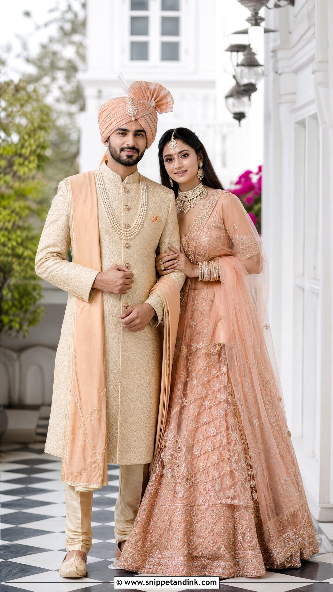 Peach Lehenga With Light Gold Sherwani - Snippet and Ink - 25 Indian Hindu Couple Wedding Dress Ideas
