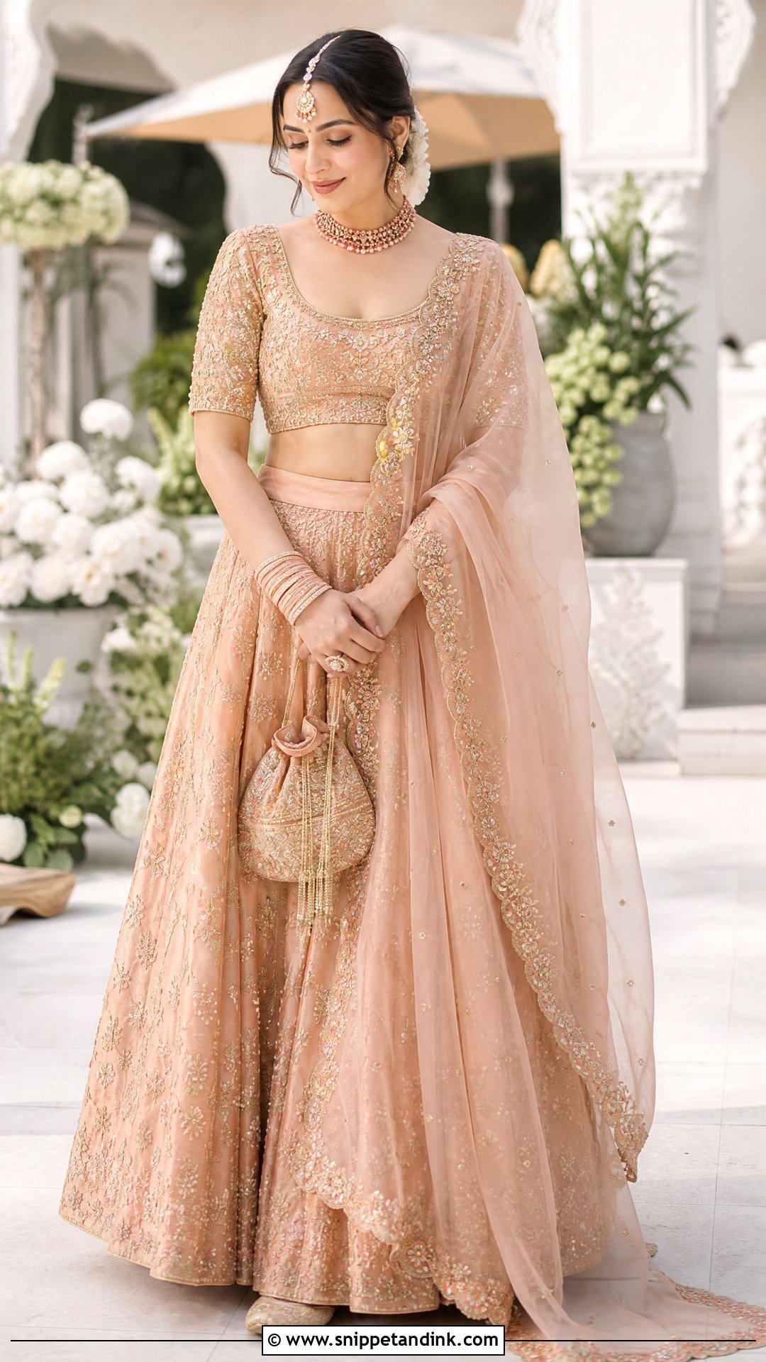 Peach Lehenga With Organza Trail Dupatta - Snippet and Ink - 20 Trail Dupatta Bridal Ideas