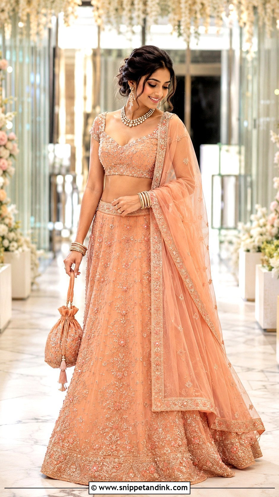 Peach Lehenga With Wrist Bridal Dupatta - Snippet and Ink - 20 Bridal Dupatta Style Ideas