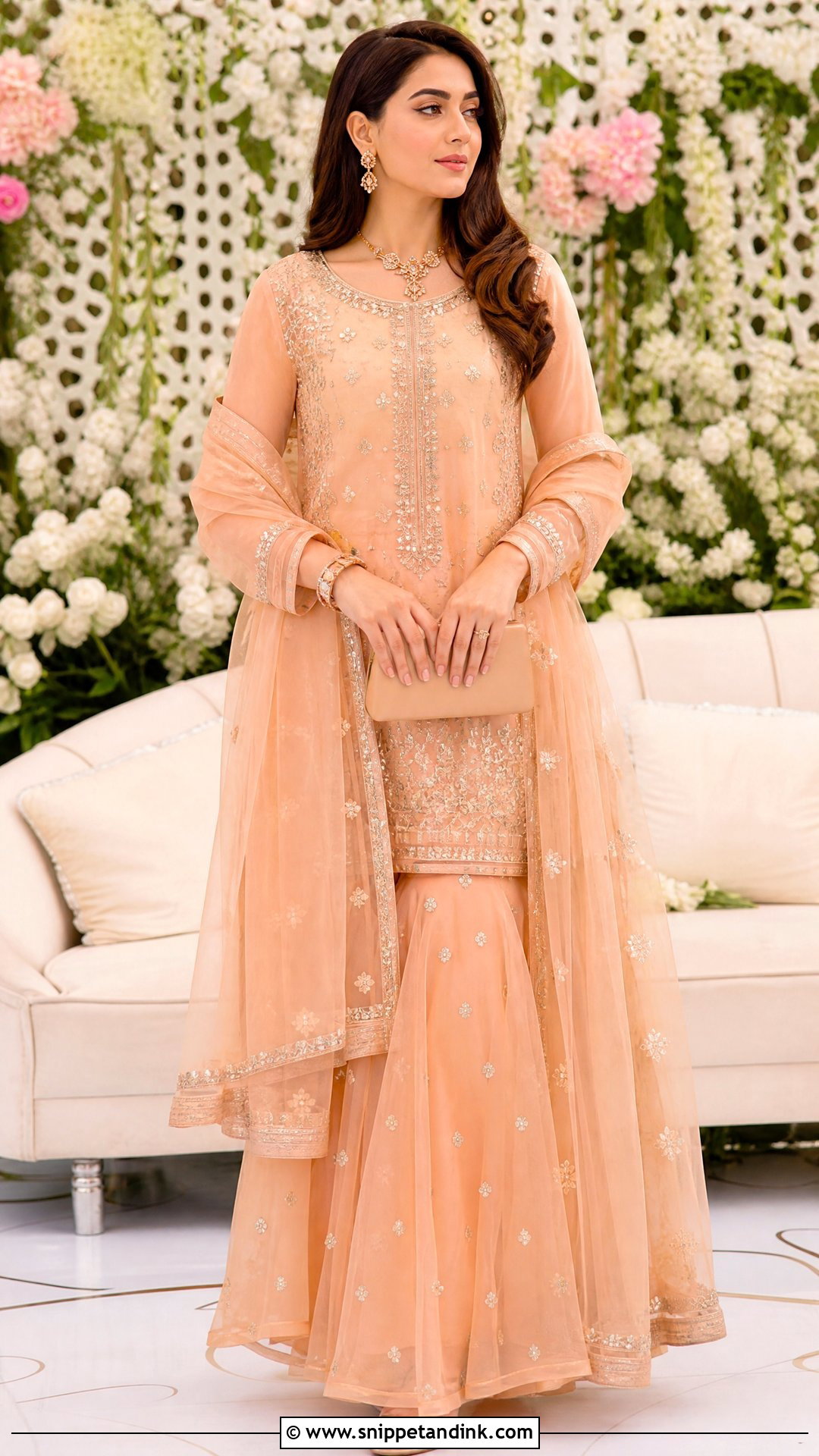 Peach Long Shirt With Organza Lehenga - Snippet and Ink - 25 Pakistani Long Shirt Wedding Dress Ideas