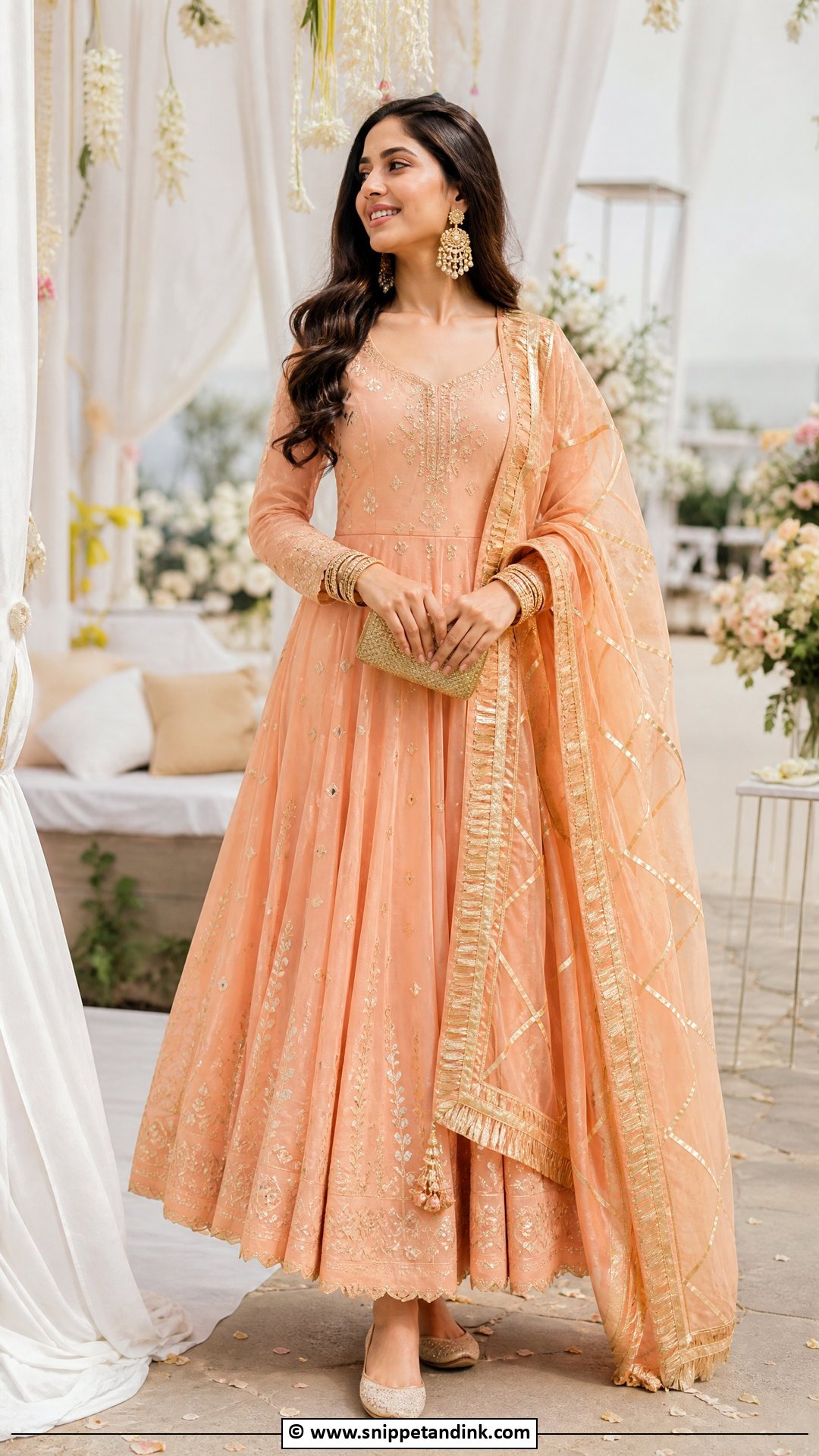 Peach Mehndi Anarkali With Gota Dupatta - Snippet and Ink - 35 Mehndi Dresses