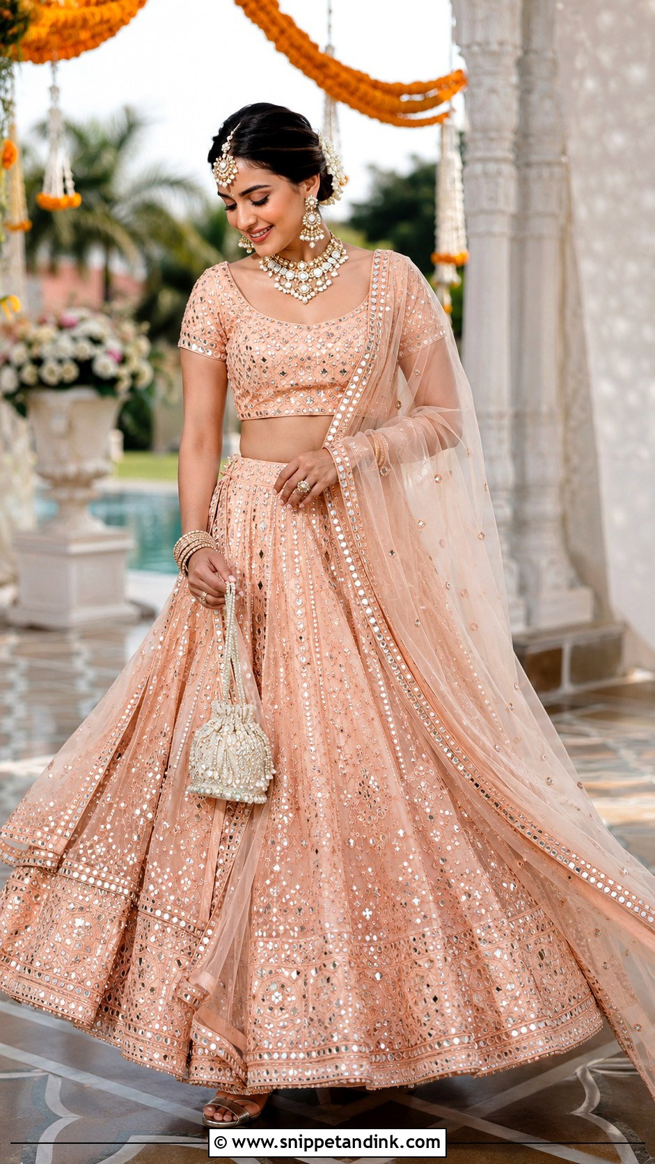 Peach Mirror Work Bridal Chaniya Choli - Snippet and Ink - 20 Bridal Chaniya Choli Indian Weddings Ideas