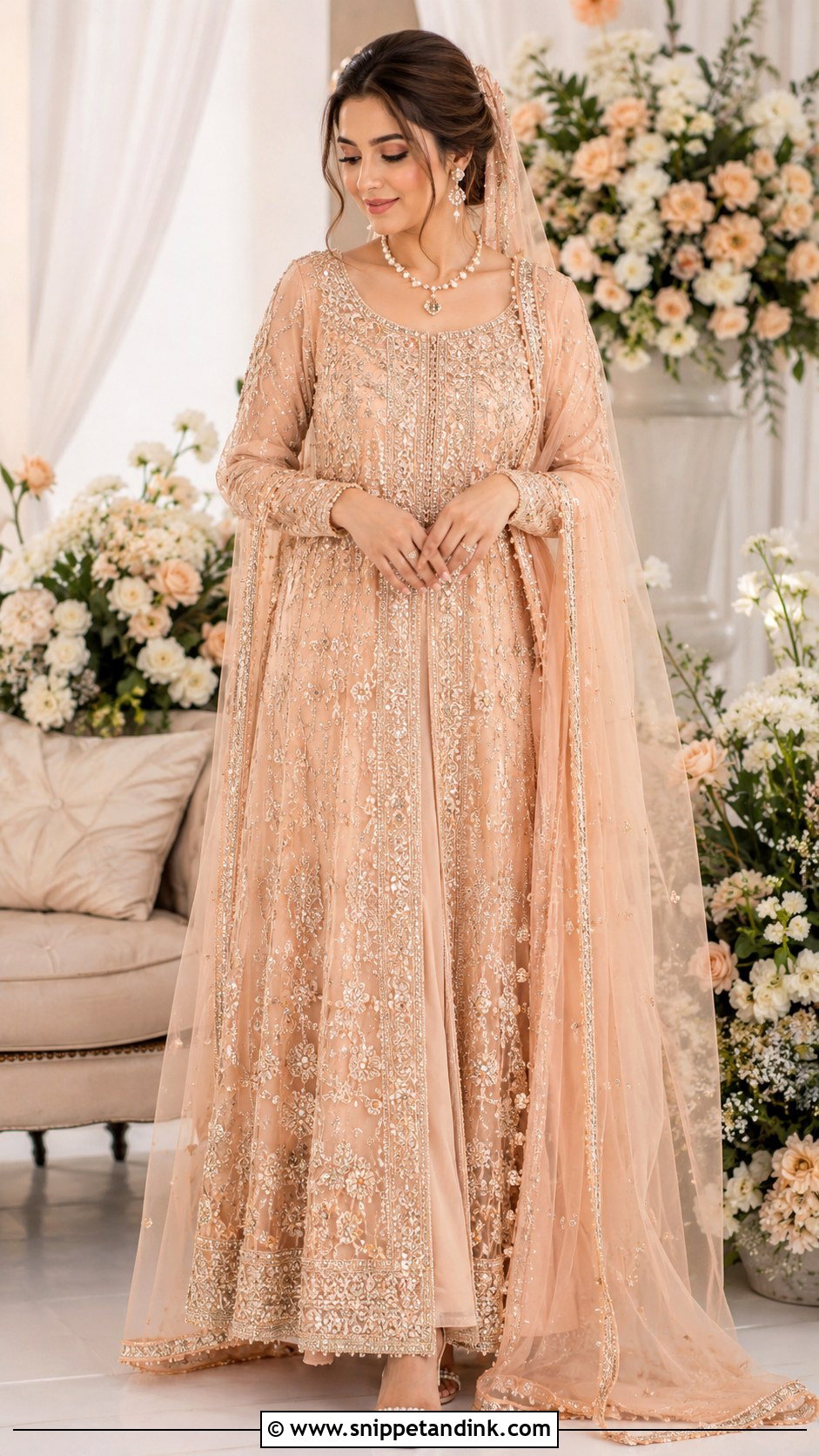 Peach Nikah Gown With Pearl Jewelry - Snippet and Ink - 25 Pakistani Nikah Bridal Wear Ideas