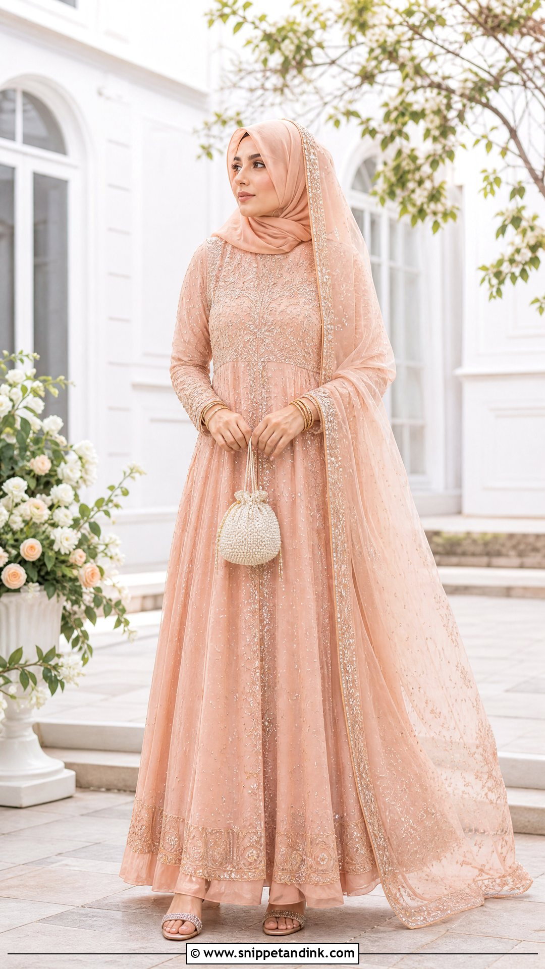 Peach Nikah Hijab With Anarkali Dress - Snippet and Ink - 20 Nikah Hijab Style Ideas