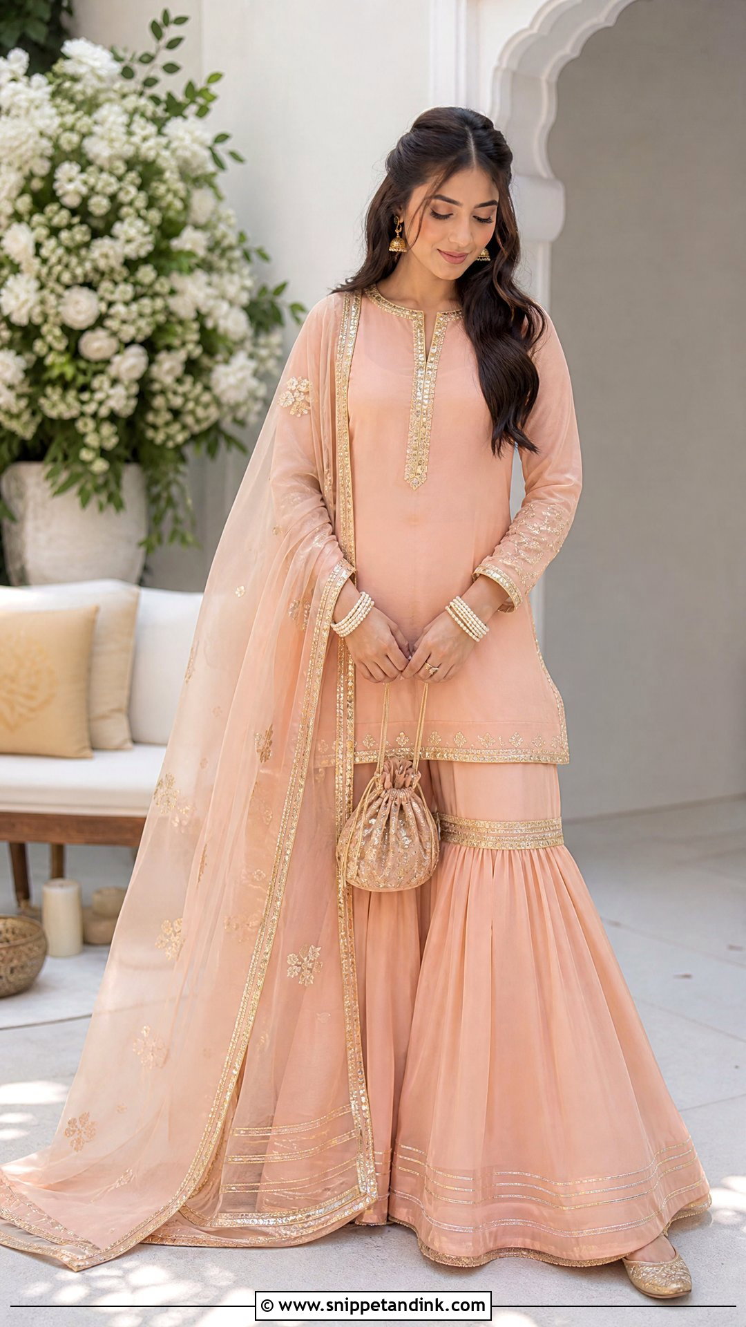 Peach Nikkah Gharara With Gota Work - Snippet and Ink - 20 Nikkah Gharara Outfit Ideas
