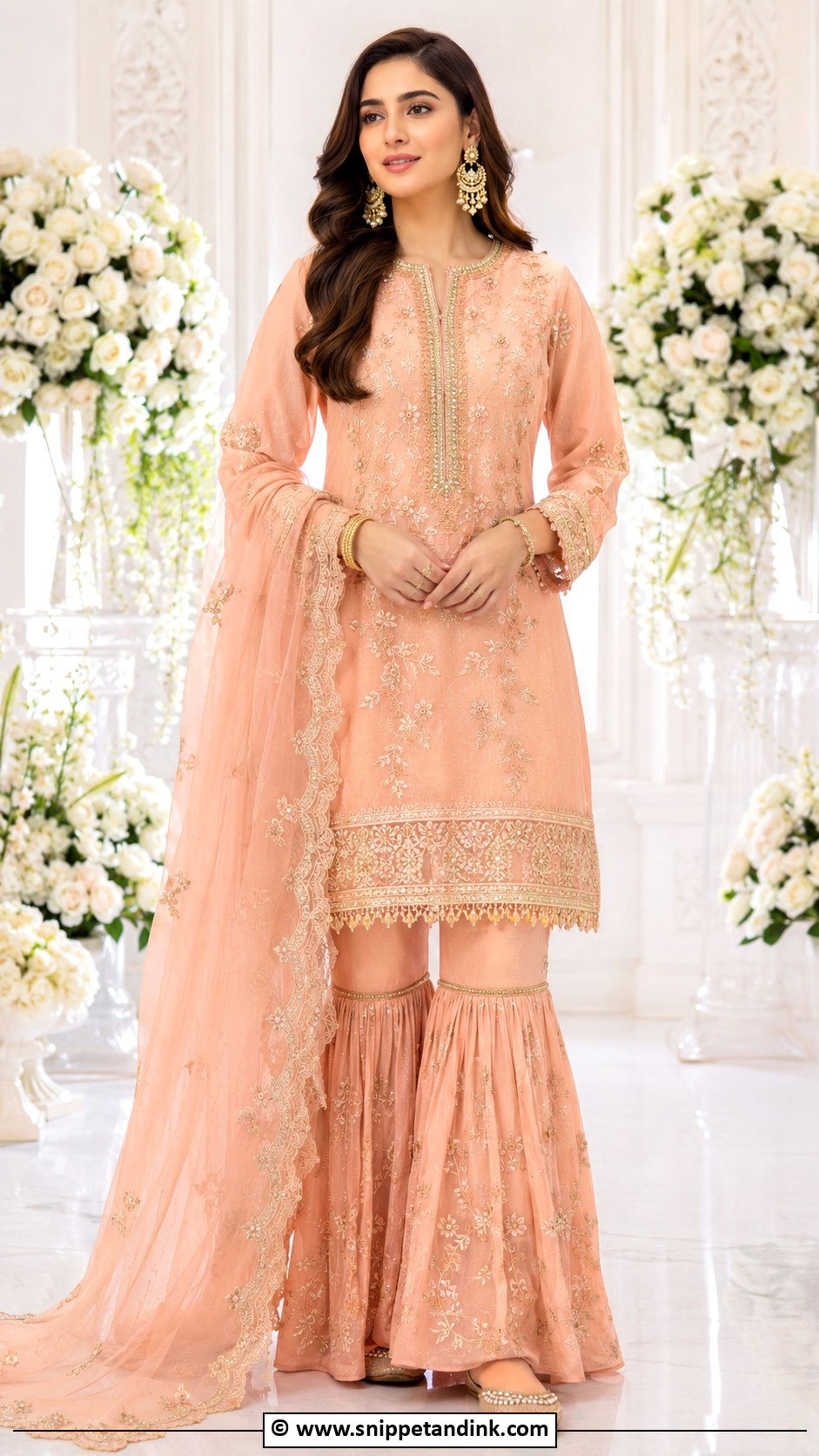Peach Nikkah Kurta With Gharara - Snippet and Ink - 30 Nikkah Look Ideas