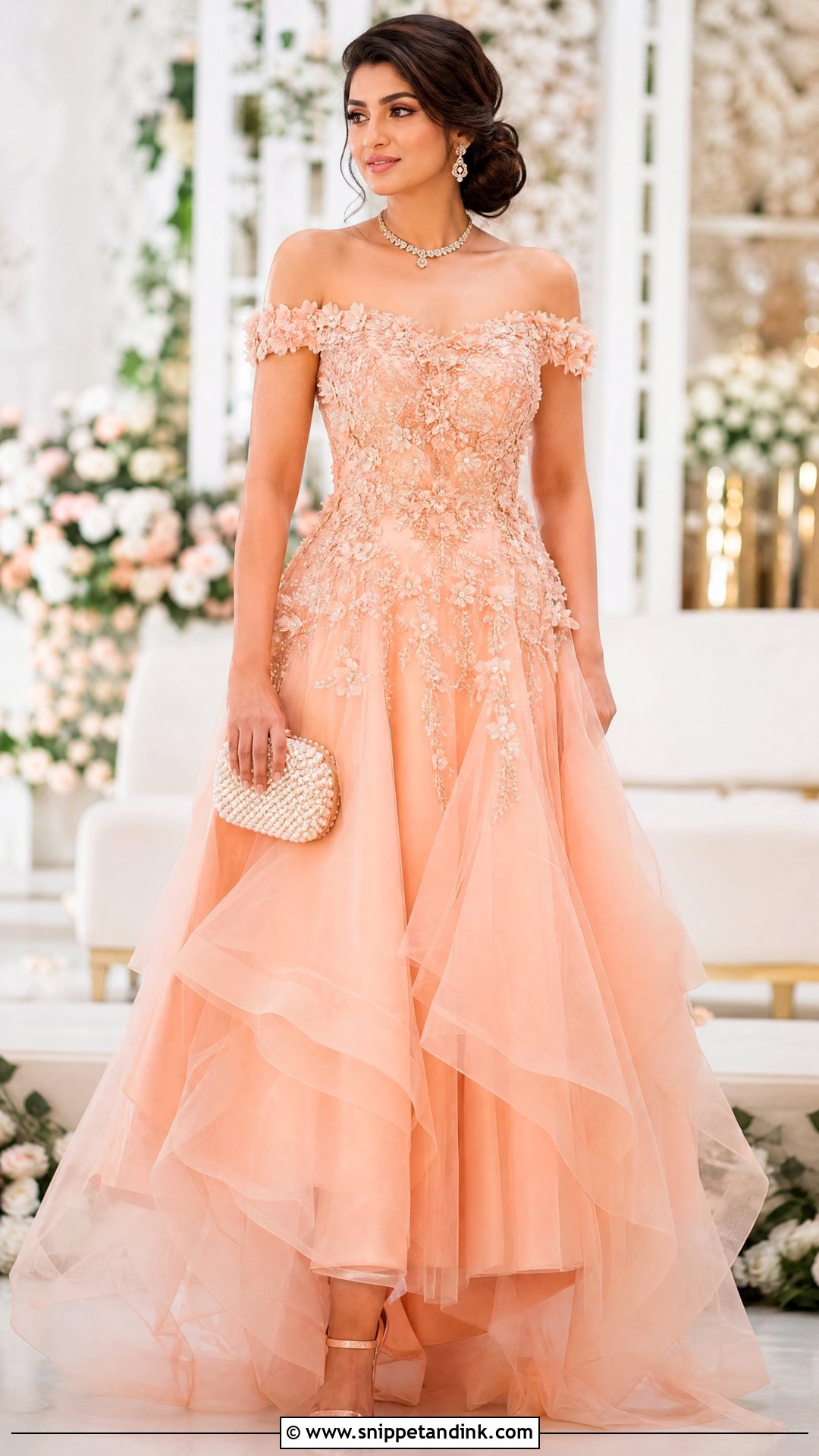 Peach Off Shoulder Indian Bridal Gown - Snippet and Ink - 20 Indian Bridal Gowns