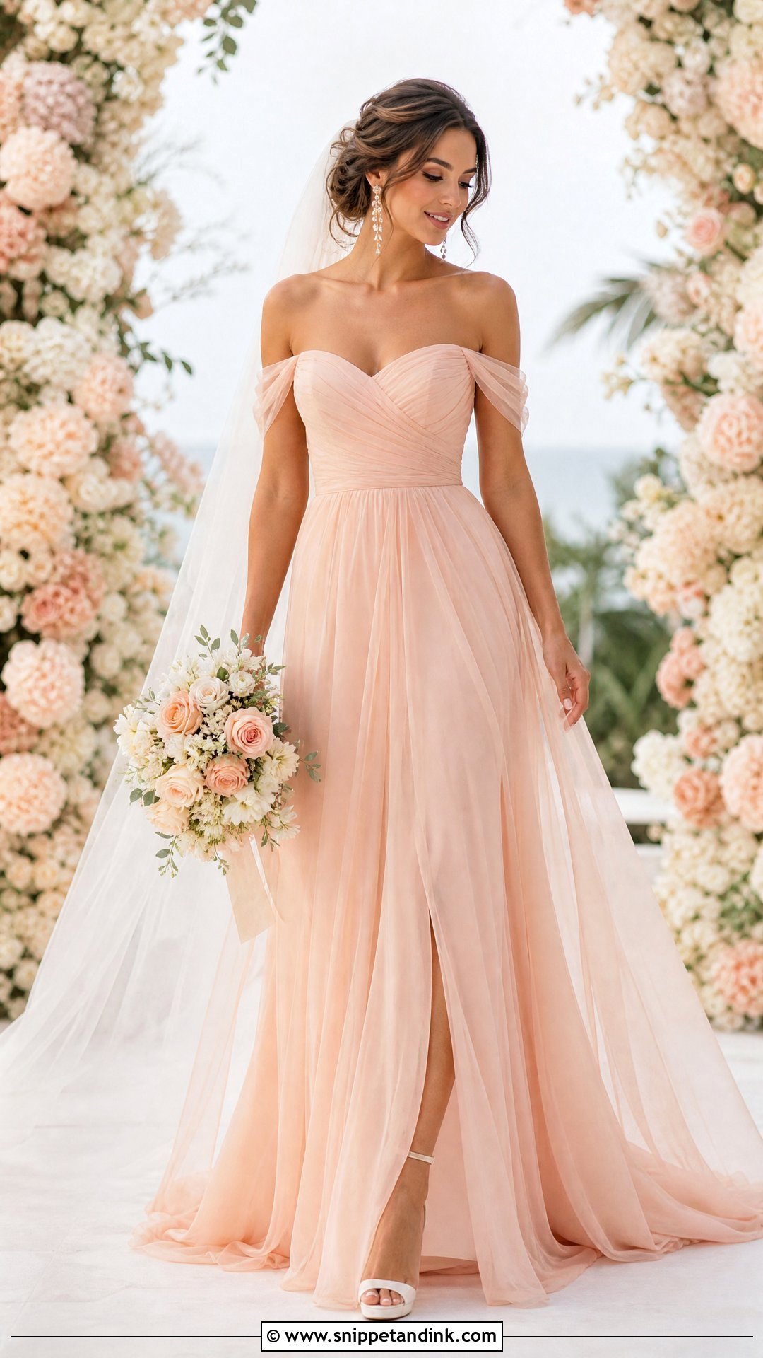 Peach Off Shoulder Wedding Dress - Snippet and Ink - 25 Peach Wedding Dress Ideas