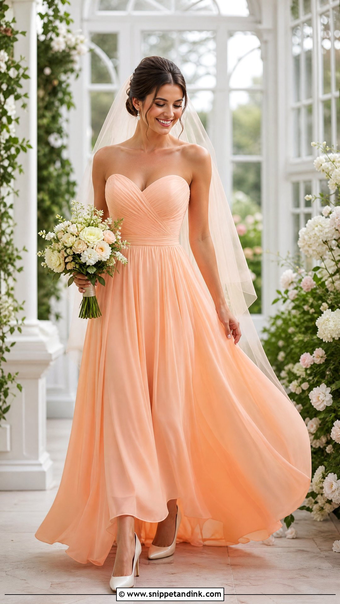 Peach Orange Bridal Gown With Pearl Accessories - Snippet and Ink - 20 Orange Bridal Dress Ideas