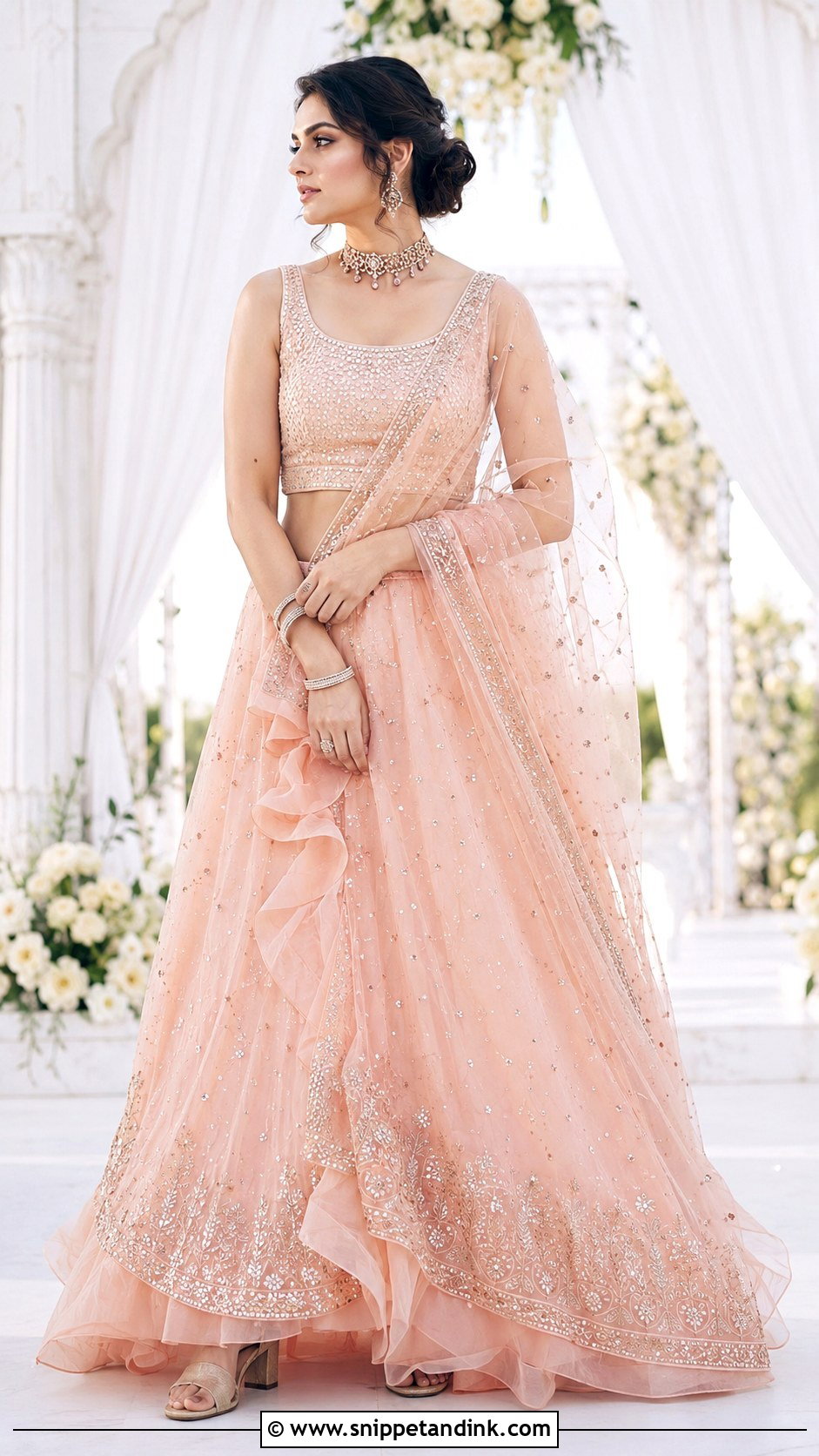 Peach Organza Bridal Langa With Sequin Work - Snippet and Ink - 20 Bridal Langa Ideas