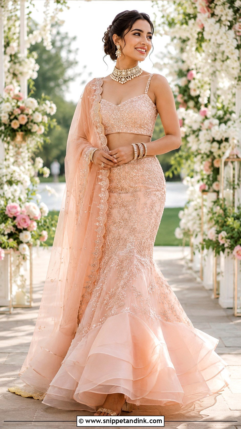 Peach Organza Mermaid Bridal Lehenga - Snippet and Ink - 20 Indian Mermaid Wedding Dress Ideas