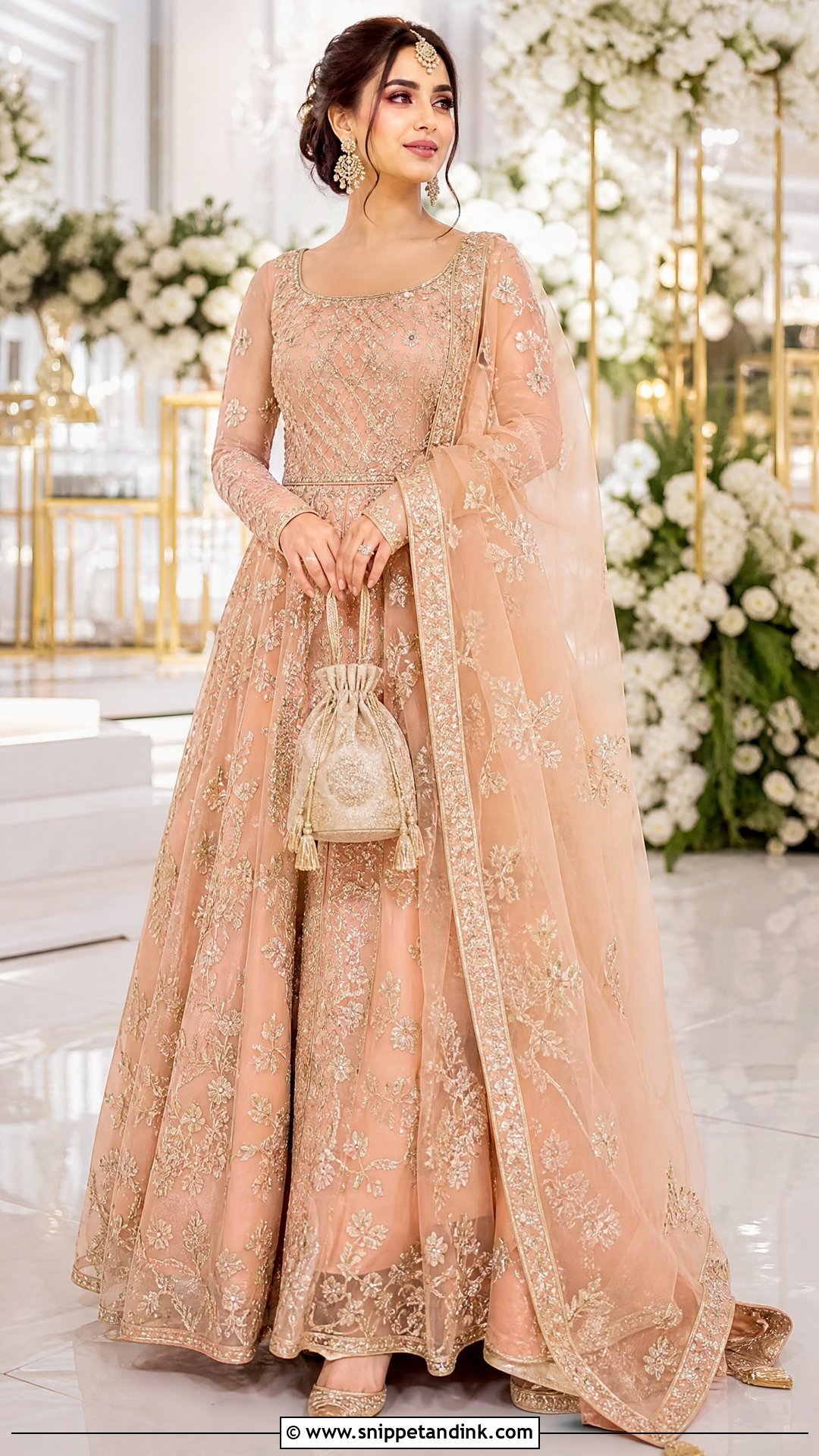 Peach Pakistani Bridal Gown With Gold Florals - Snippet and Ink - 20 Pakistani Bridal Gown Ideas