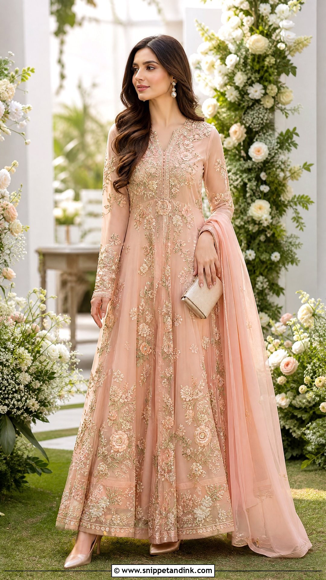 Peach Pakistani Maxi With Floral Embroidery - Snippet and Ink - 20 Pakistani Maxi Designs for Wedding