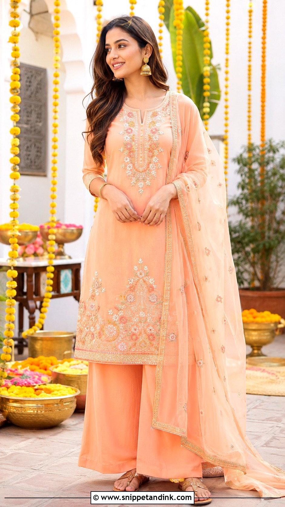 Peach Palazzo Suit For Haldi - Snippet and Ink - 25 Haldi Dress for Bride Sister Ideas