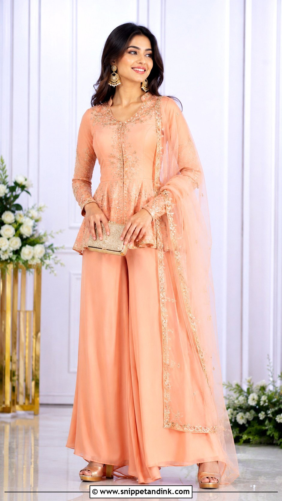 Peach Peplum Long Shirt Palazzo Wedding Outfit - Snippet and Ink - 20 Long Shirt with Plazo Wedding Dress Ideas