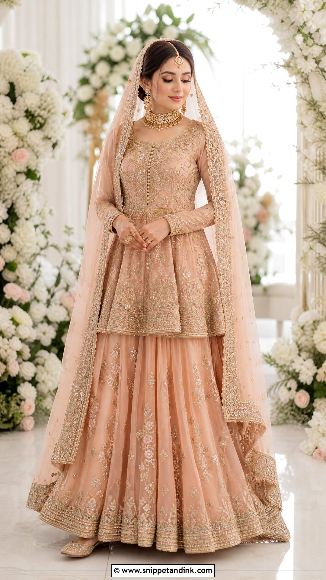 Peach Peplum Nikah Dress With Lehenga - Snippet and Ink - 20 Pakistani Bridal Nikah Dress Ideas