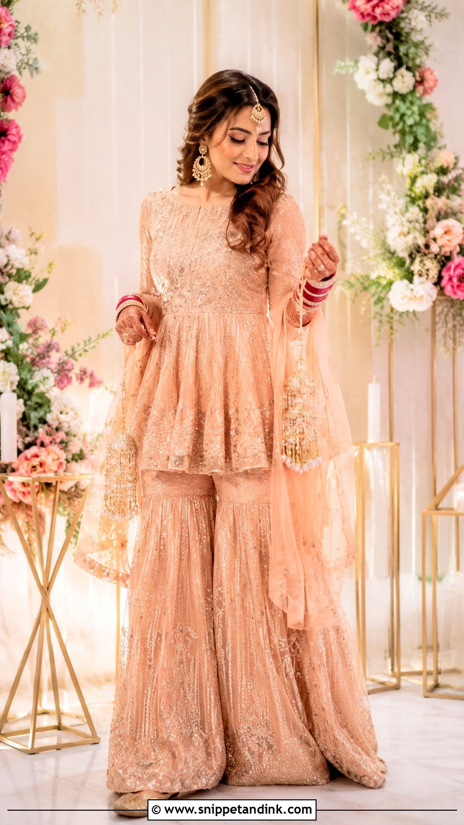 Peach Peplum Sharara Chooda Ceremony Outfit - Snippet and Ink - 20 Chooda Ceremony Outfit Ideas