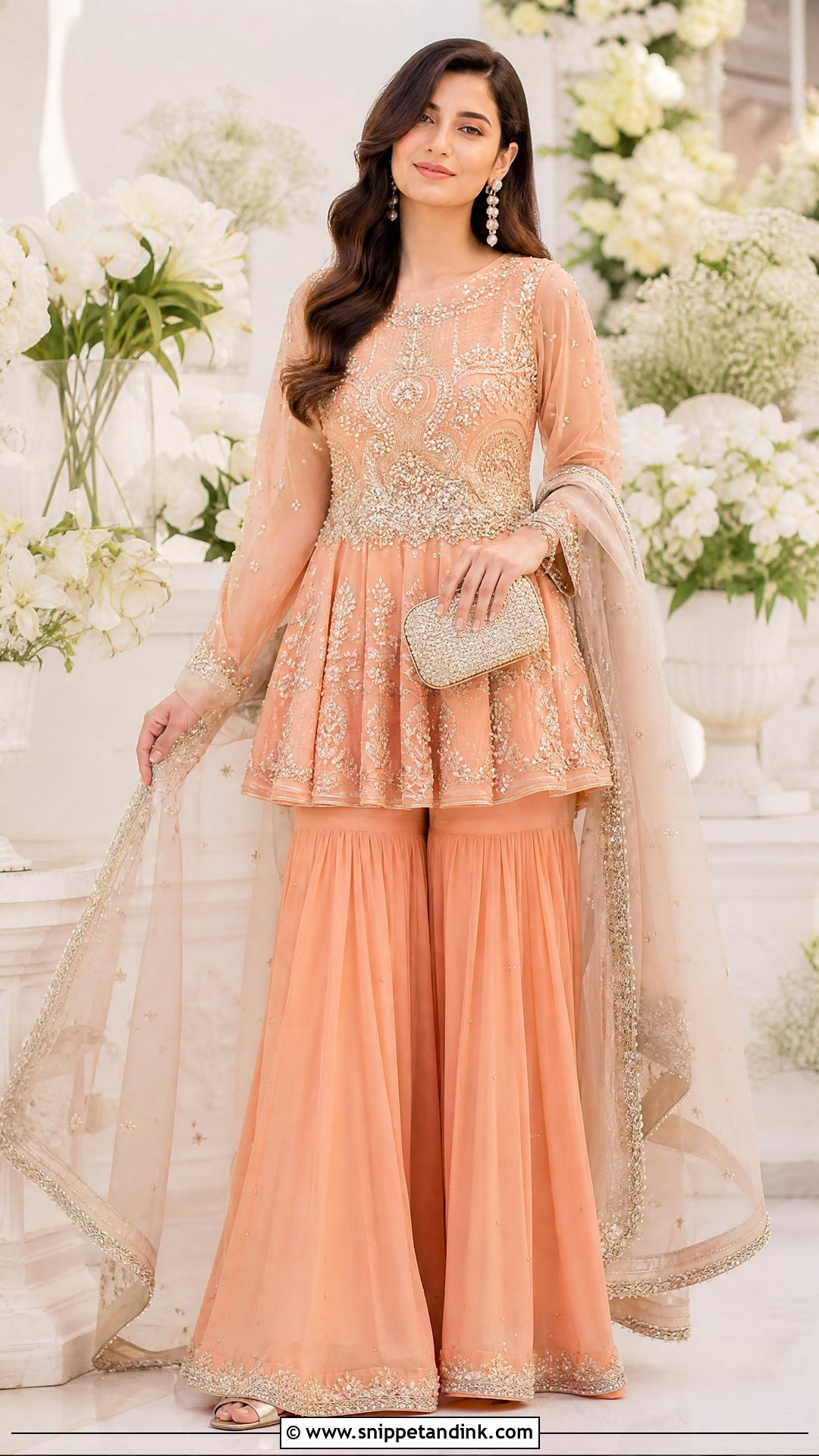 Peach Peplum Sharara Pakistani Wedding Suit - Snippet and Ink - 20 Pakistani Wedding Suits