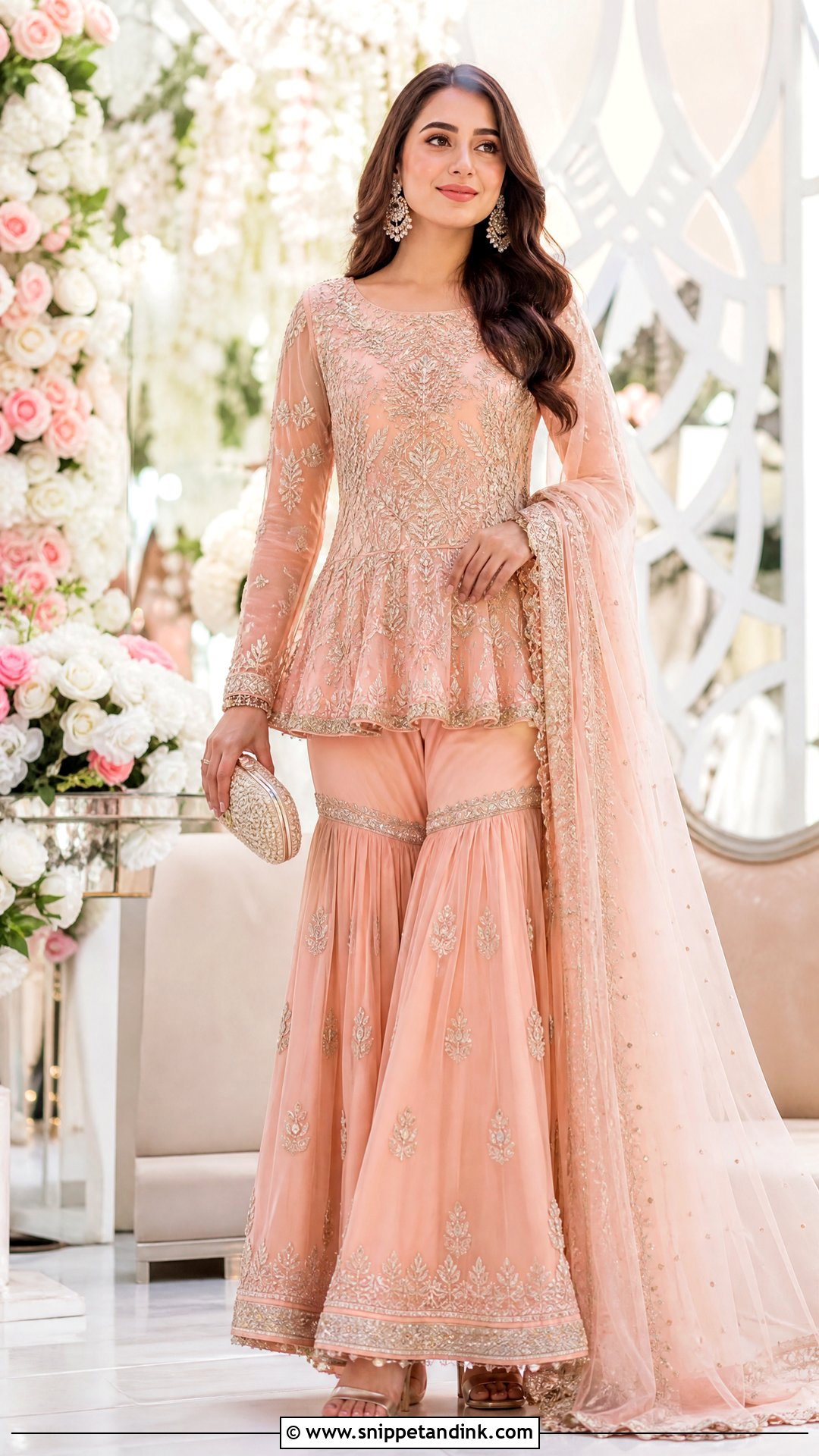 Peach Peplum Suit With Gharara And Net Dupatta - Snippet and Ink - 20 Suit with Dupatta Ideas