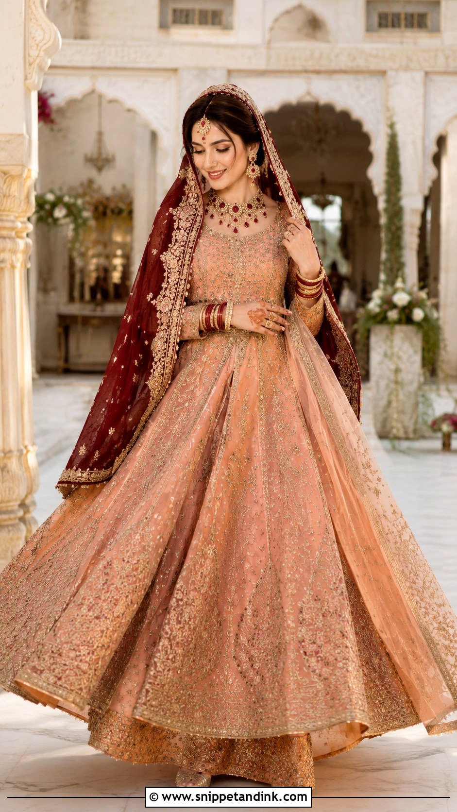 Peach Peshwas With Maroon Dupatta Barat Dress - Snippet and Ink - 20 Barat Dress for Bride Ideas