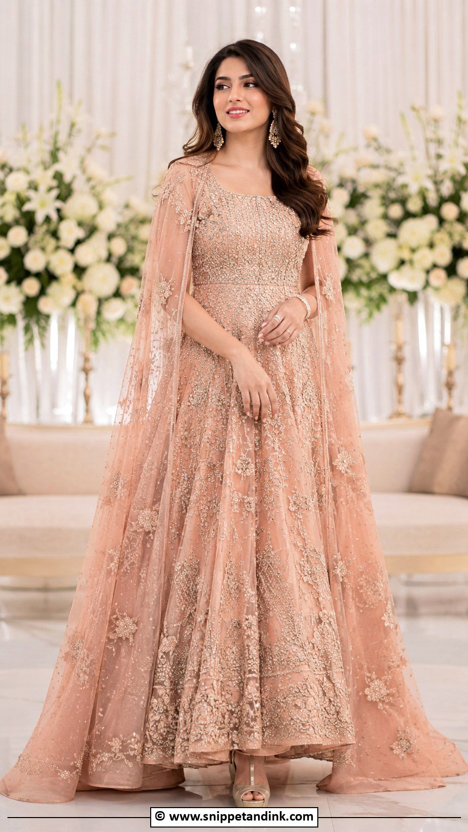 Peach Pink Walima Maxi With Cape - Snippet and Ink - 35 Walima Dresses Pakistani Brides