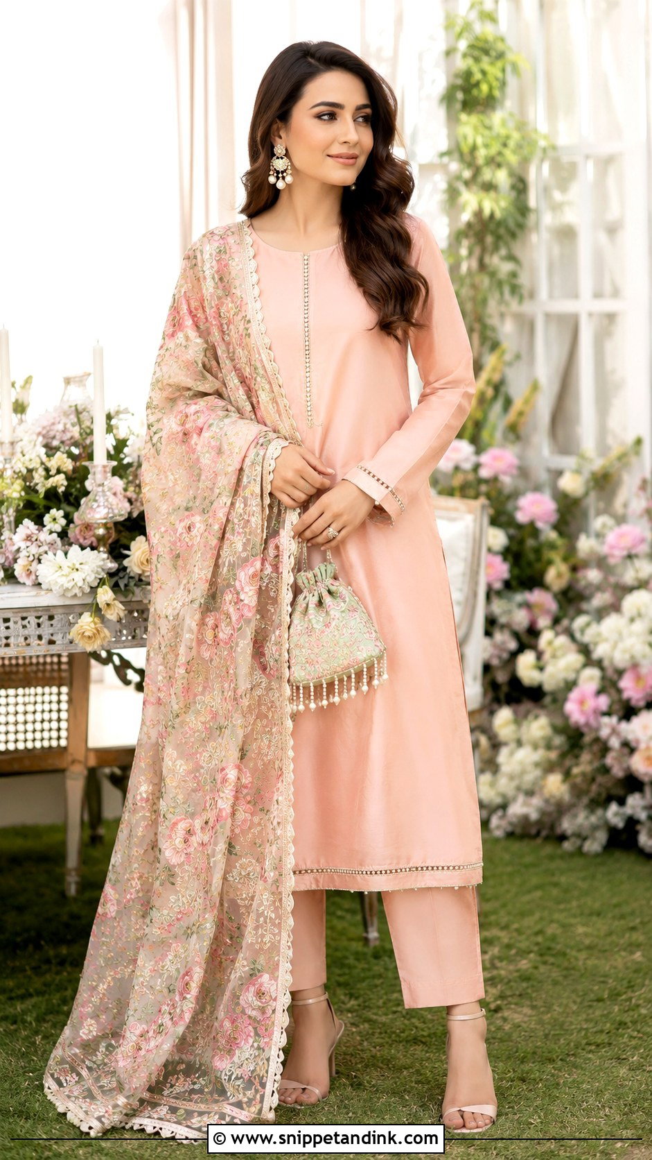 Peach Plain Suit With Heavy Floral Dupatta - Snippet and Ink - 30 Plain Suit with Heavy Dupatta Ideas