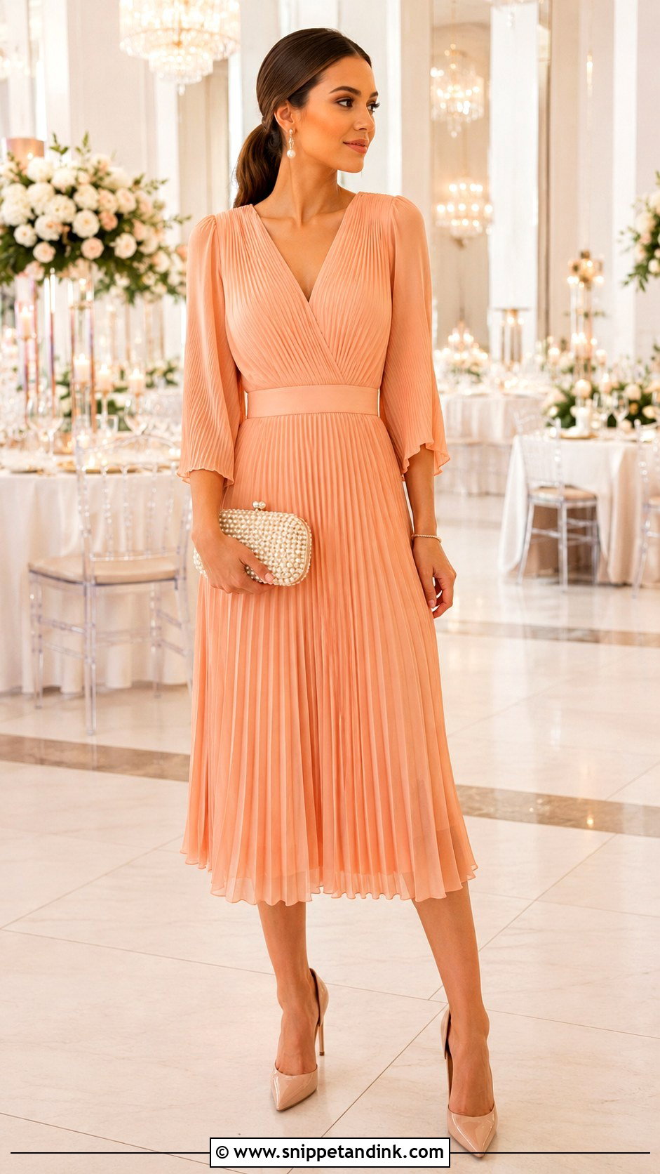 Peach Pleated Dress Wedding Outfit - Snippet and Ink - 25 Peach Dress Outfit Wedding Ideas