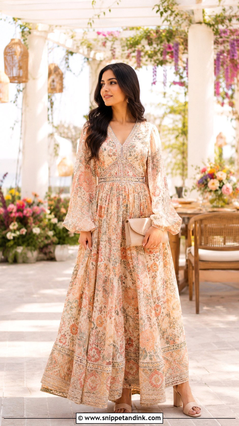 Peach Printed Maxi Dress Wedding Outfit - Snippet and Ink - 25 Peach Dress Outfit Wedding Ideas