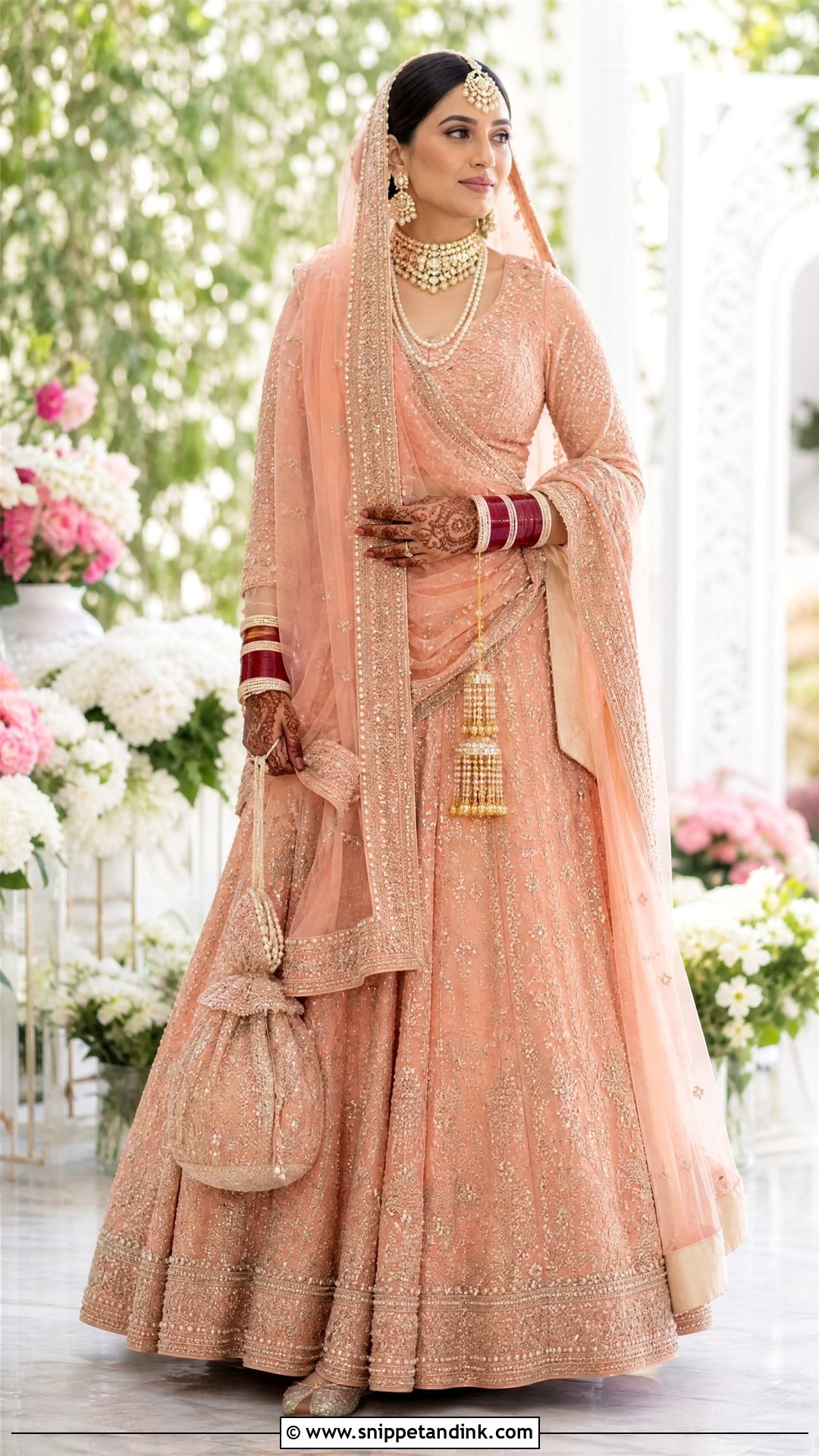 Peach Punjabi Bridal Lehenga With Pearl Embroidery - Snippet and Ink - 25 Sikh Wedding Dress Punjabi Bride Ideas