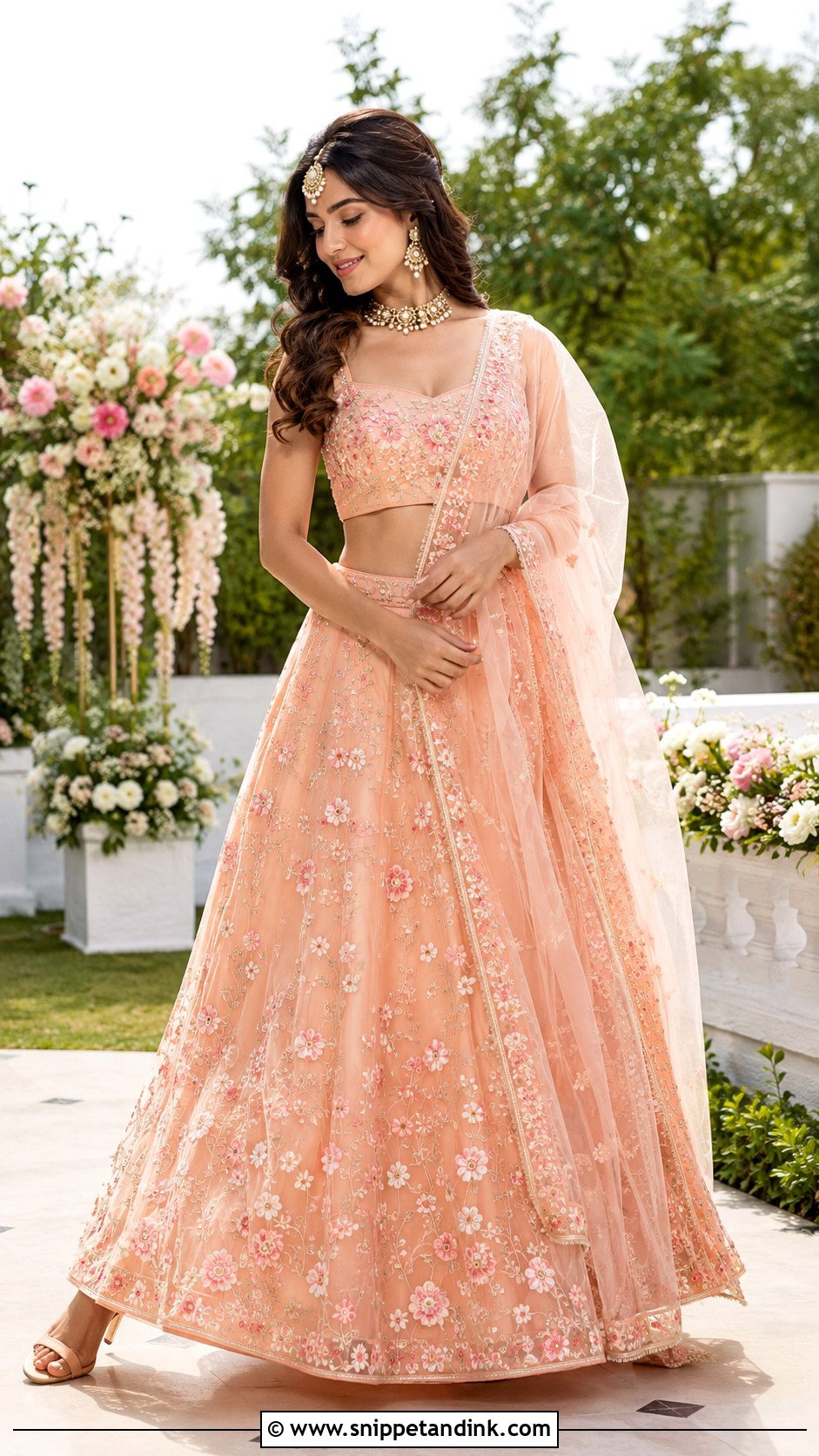 Peach Punjabi Wedding Lengha With Floral Embroidery - Snippet and Ink - 25 Punjabi Wedding Lengha Ideas