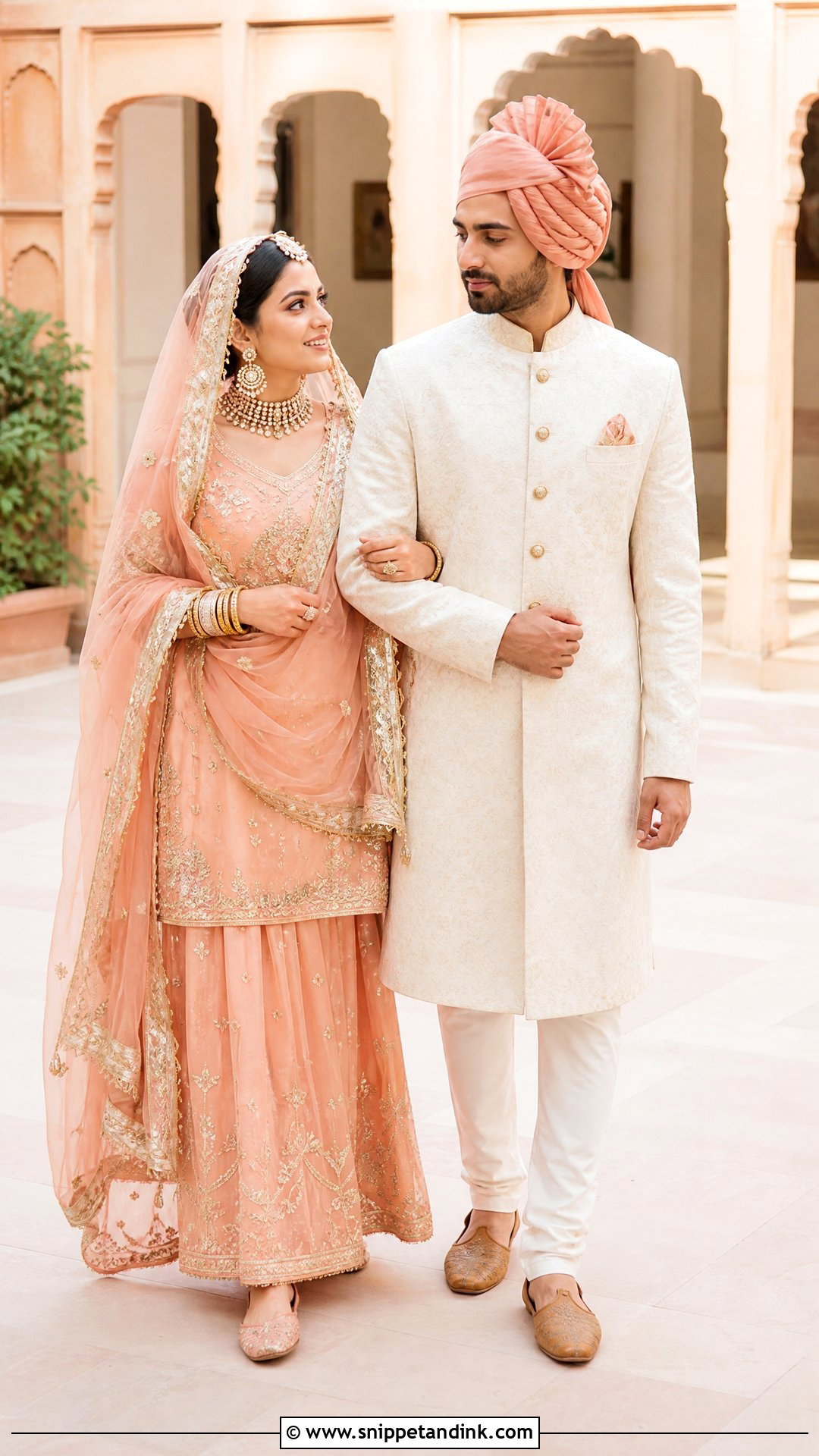 Peach Rajputi Couple Outfit - Snippet and Ink - 20 Rajputi Couple Ideas