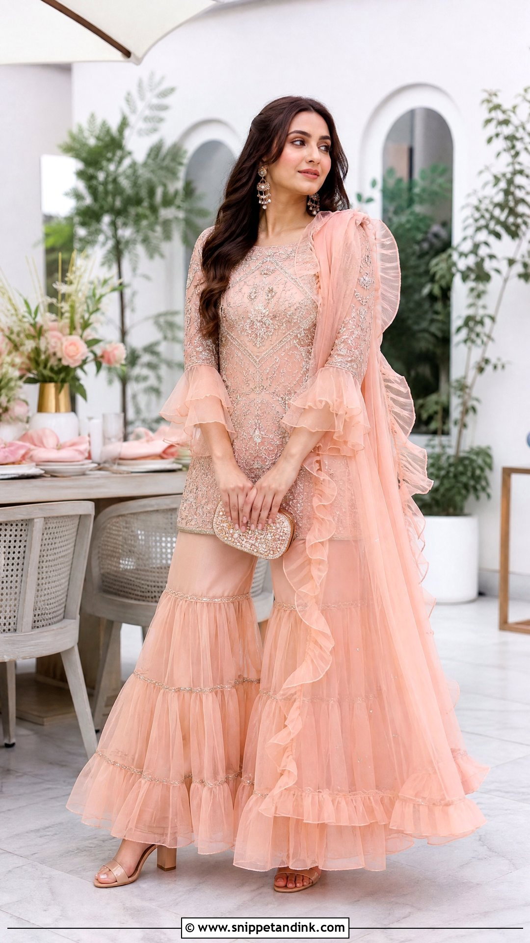 Peach Ruffle Net Sharara - Snippet and Ink - 20 Net Sharara Ideas