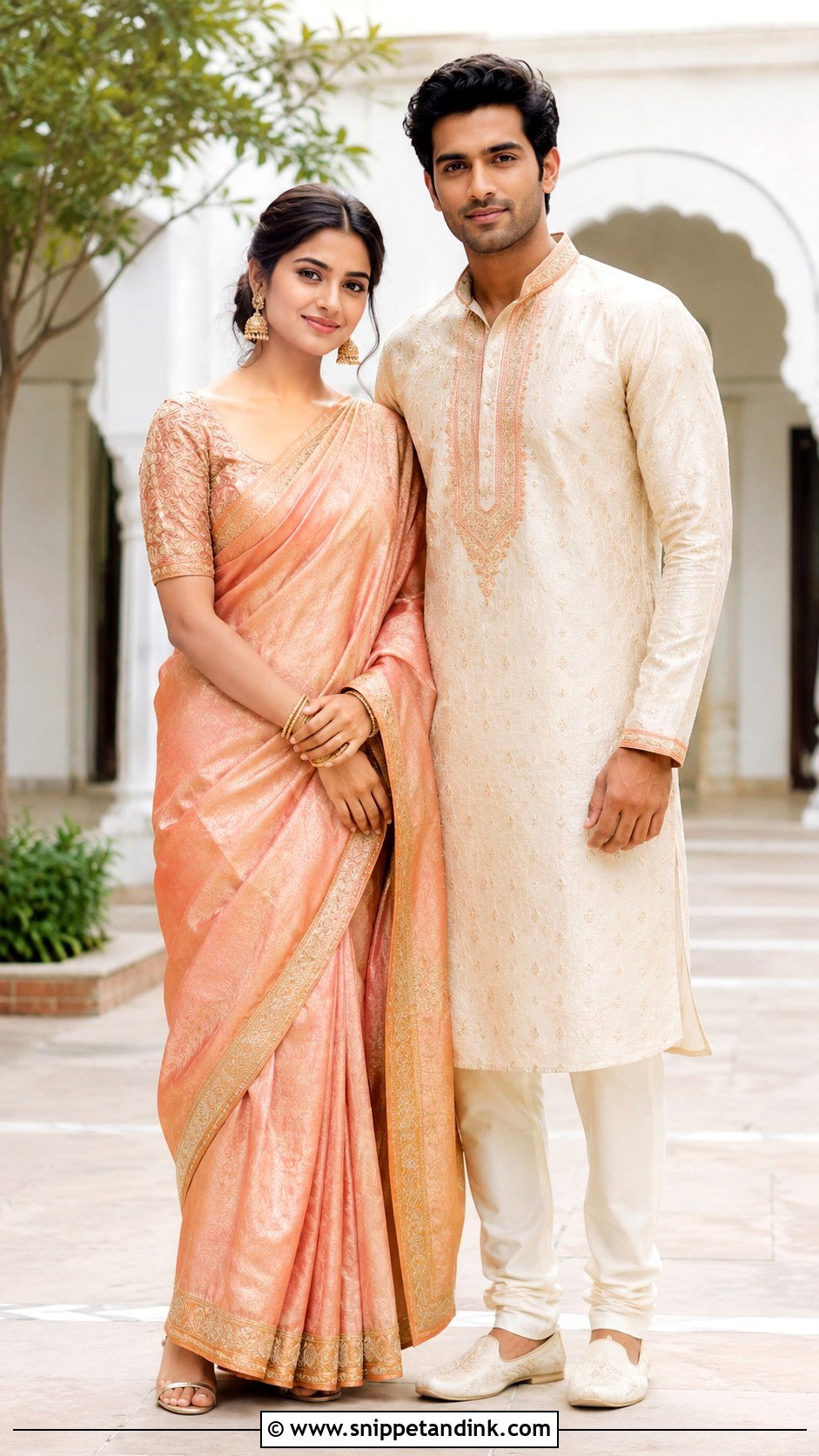 Peach Saree And Embroidered Kurta Indian Wedding Outfit - Snippet and Ink - 20 Indian Wedding Matching Outfits