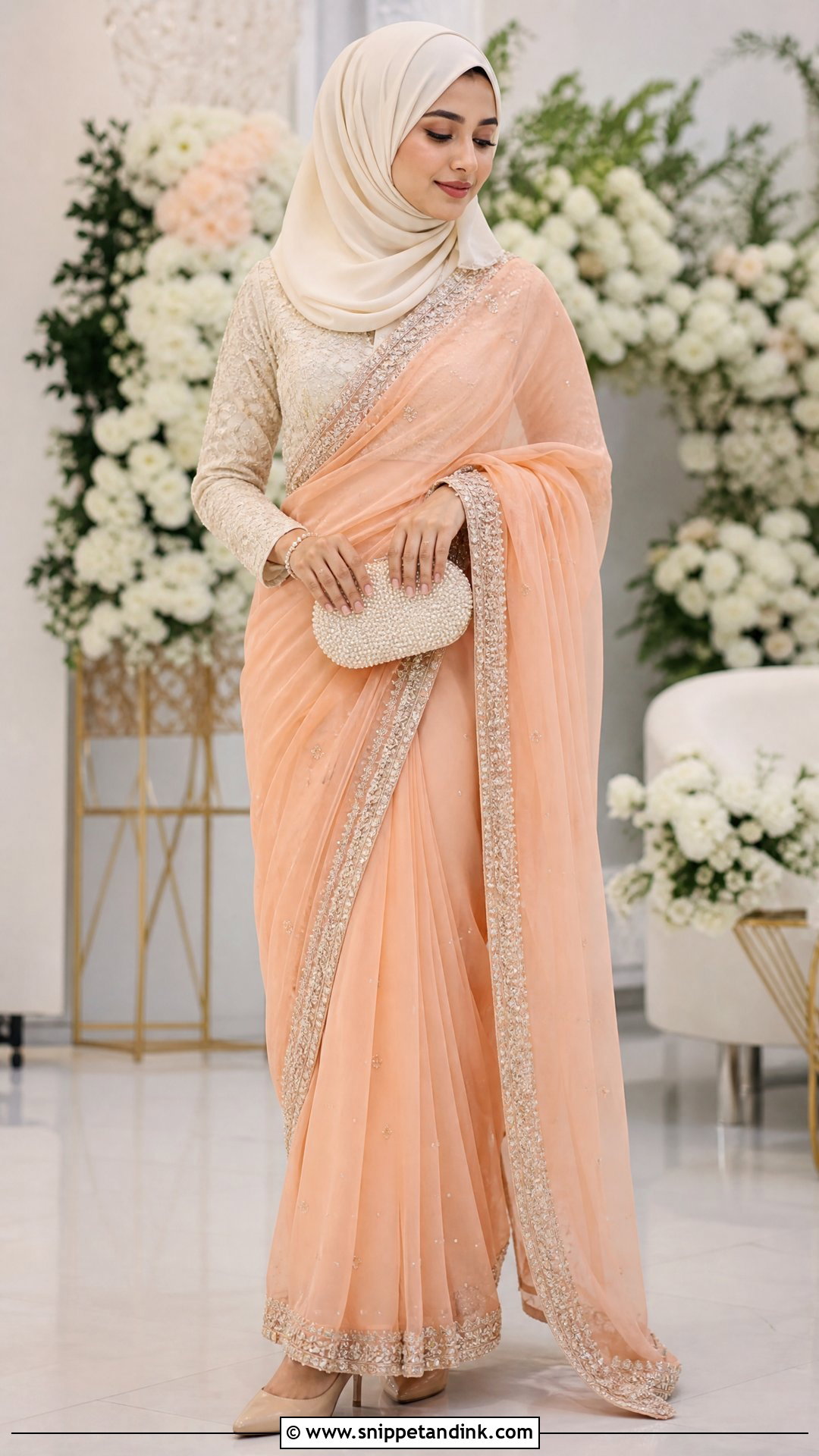 Peach Saree With Cream Hijab - Snippet and Ink - 20 Pakistani Hijab for Wedding Party Ideas