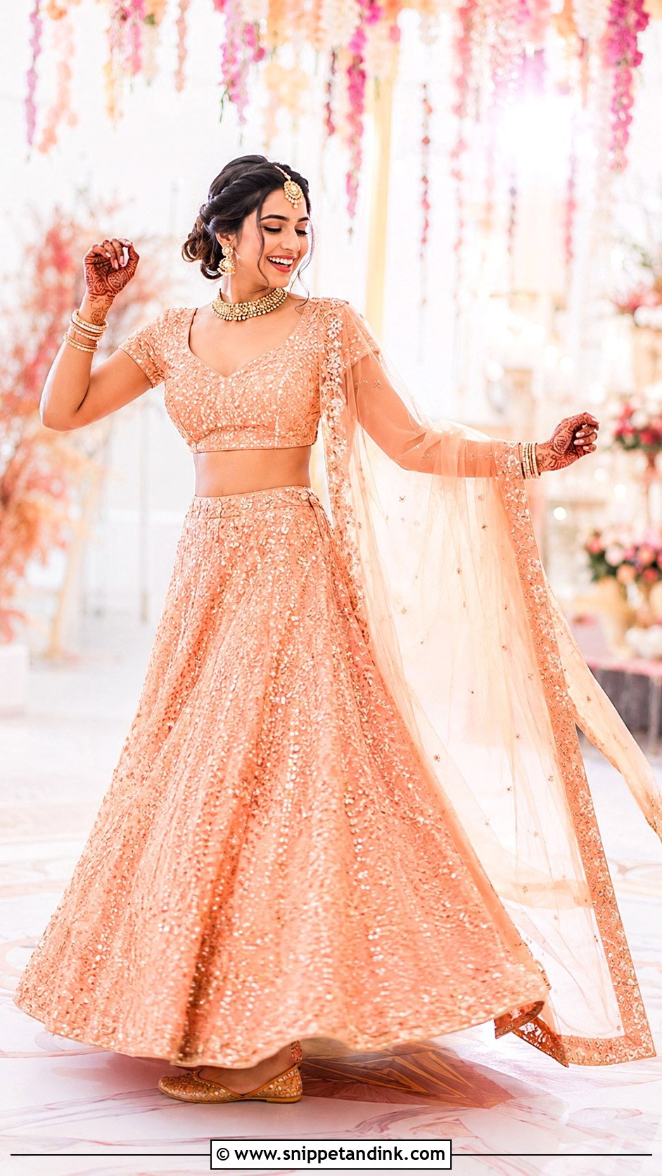 Peach Sequin Sangeet Lehenga - Snippet and Ink - 20 90s Indian Bride Ideas