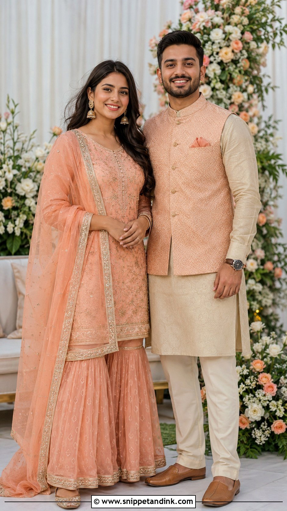 Peach Sharara And Beige Kurta Couple Outfit - Snippet and Ink - 20 Couple Matching Indian Outfits