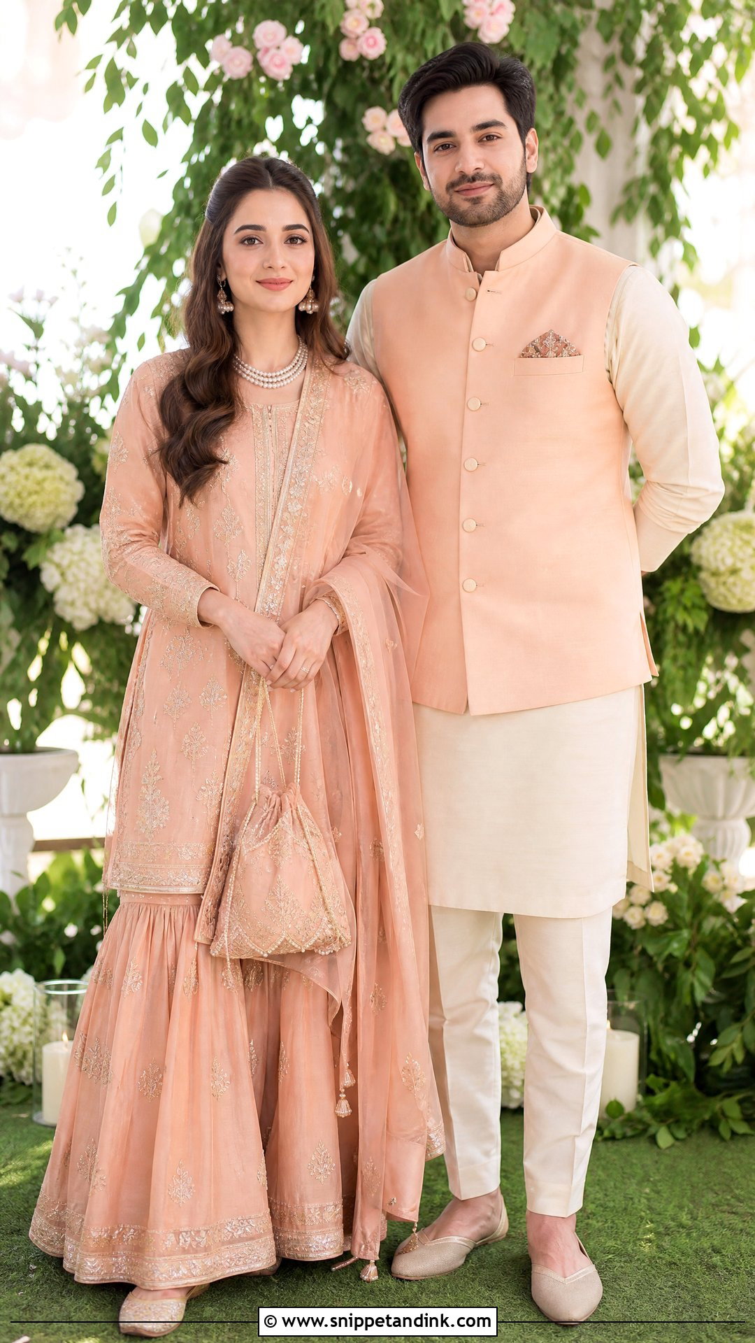 Peach Sharara And Beige Kurta Jacket - Snippet and Ink - 20 Ring Ceremony Couple Dress Ideas