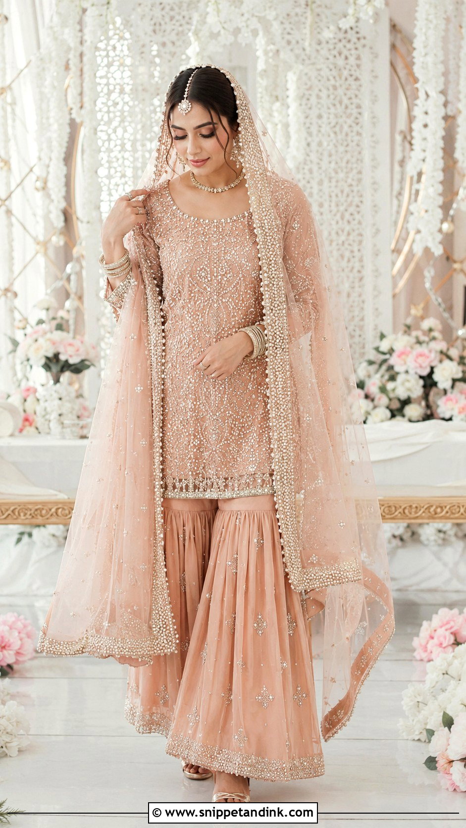 Peach Sharara Bridal Dress With Pearl Work - Snippet and Ink - 30 Indian Muslim Bridal Dress Ideas
