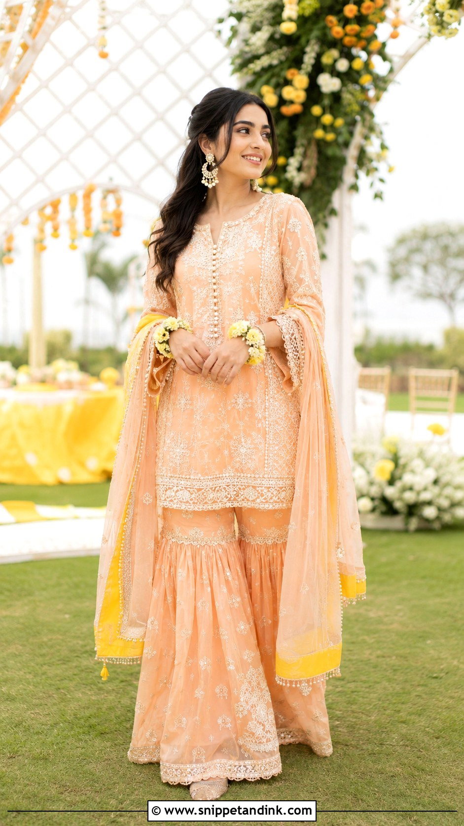 Peach Sharara For Bride Sister - Snippet and Ink - 30 Haldi Outfit for Bride Sister Ideas