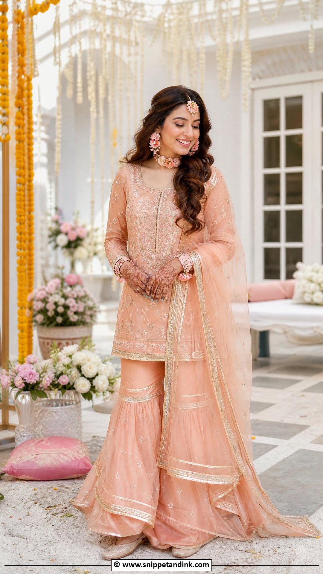 Peach Sharara Mehendi Outfit - Snippet and Ink - 35 Mehendi Outfits for Bride