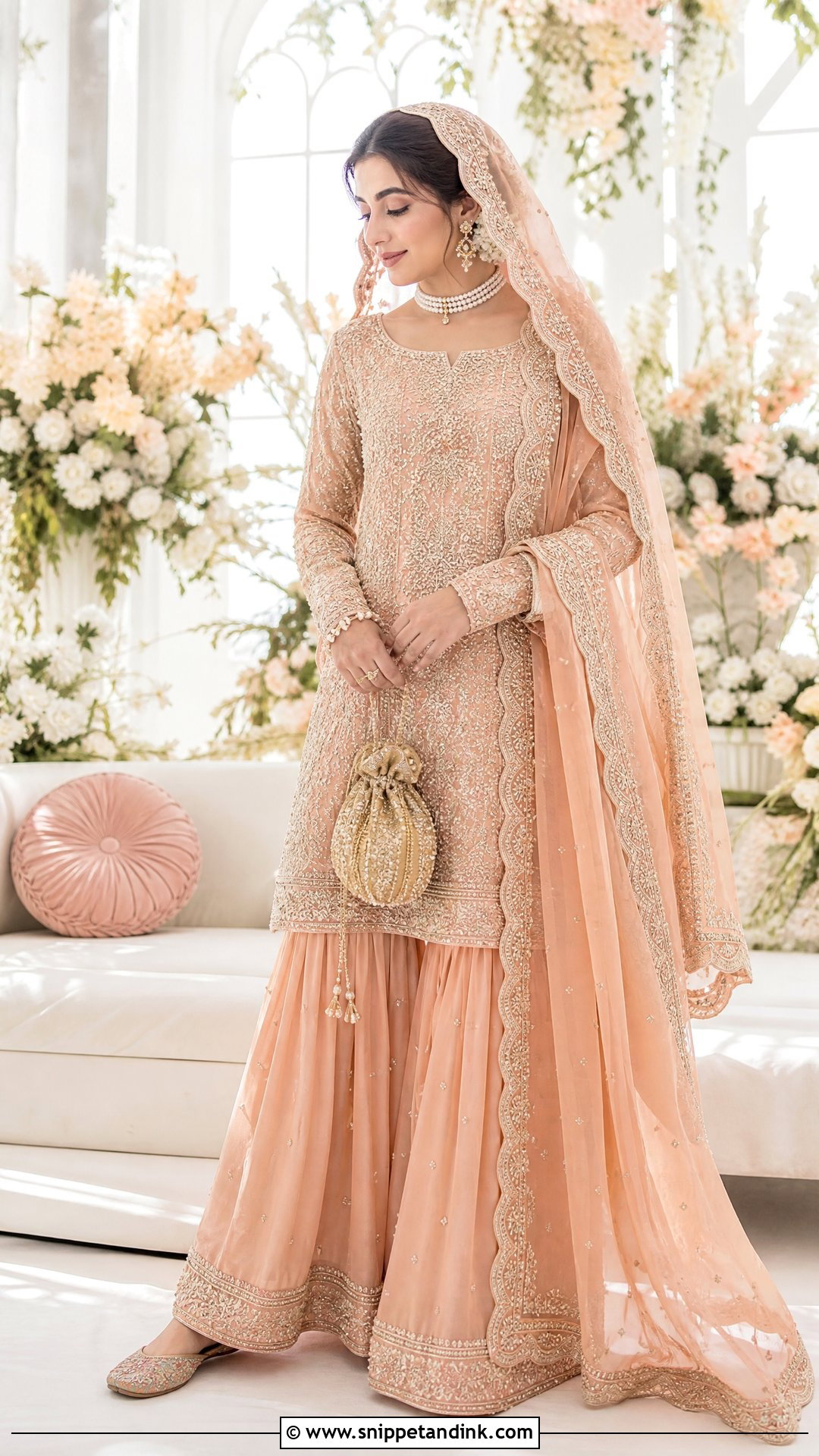 Peach Sharara Nikkah Bride Outfit - Snippet and Ink - 20 Nikkah Bride Outfit Ideas