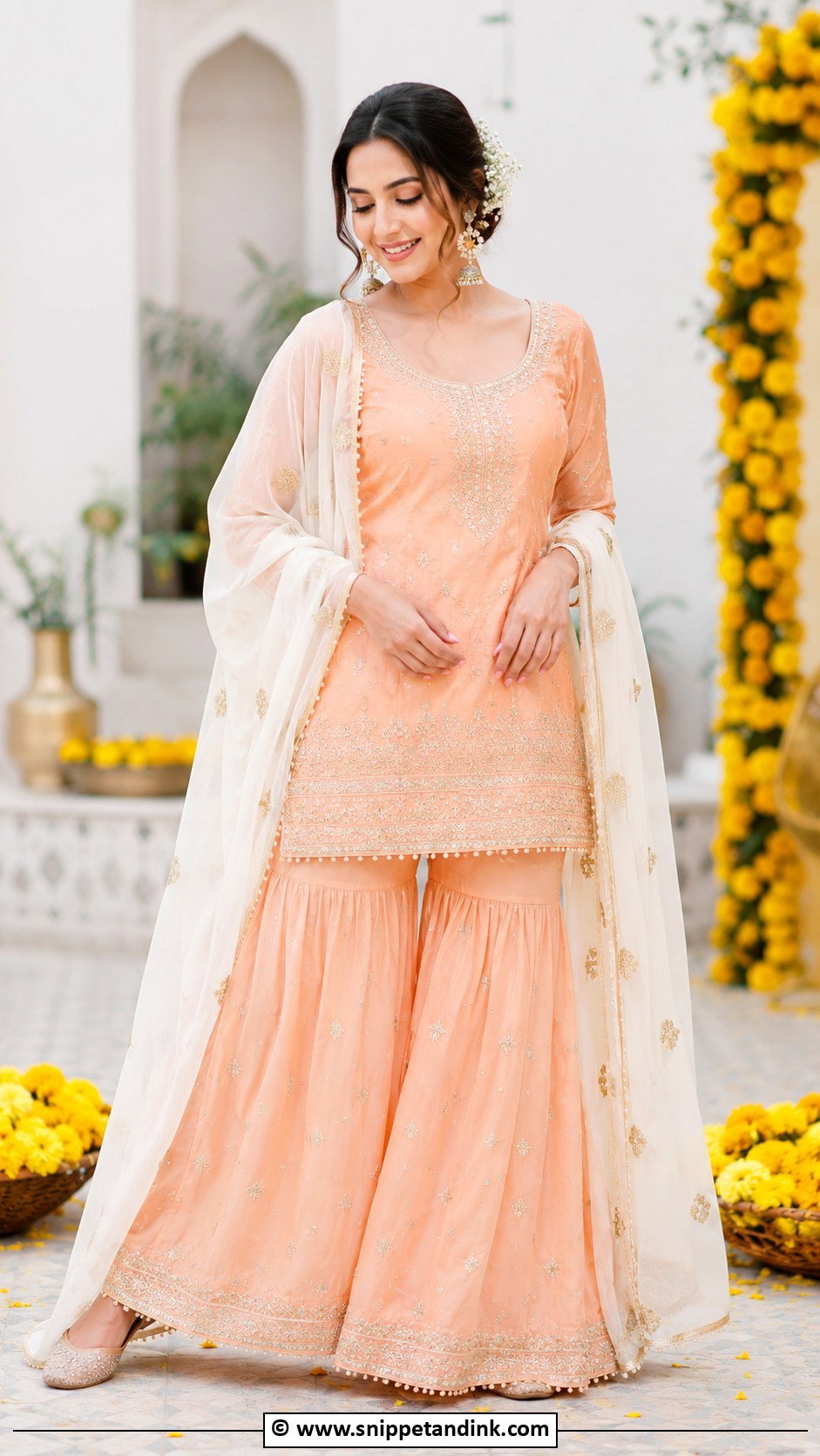 Peach Sharara Set for Haldi - Snippet and Ink - 30 Haldi Dress Ideas for Sisters