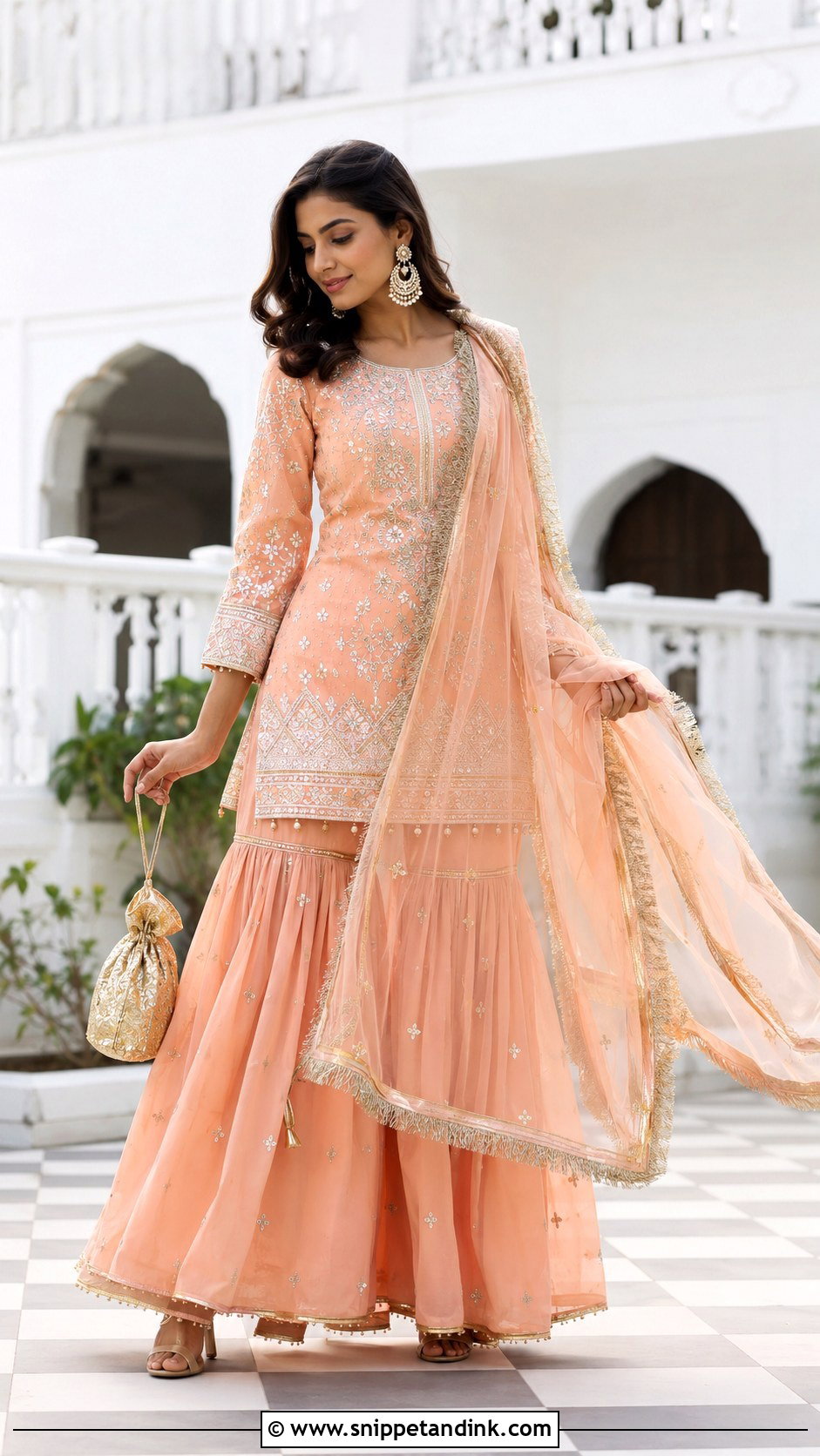 Peach Sharara With Gold Kiran Dupatta - Snippet and Ink - 20 Kiran Dupatta Ideas