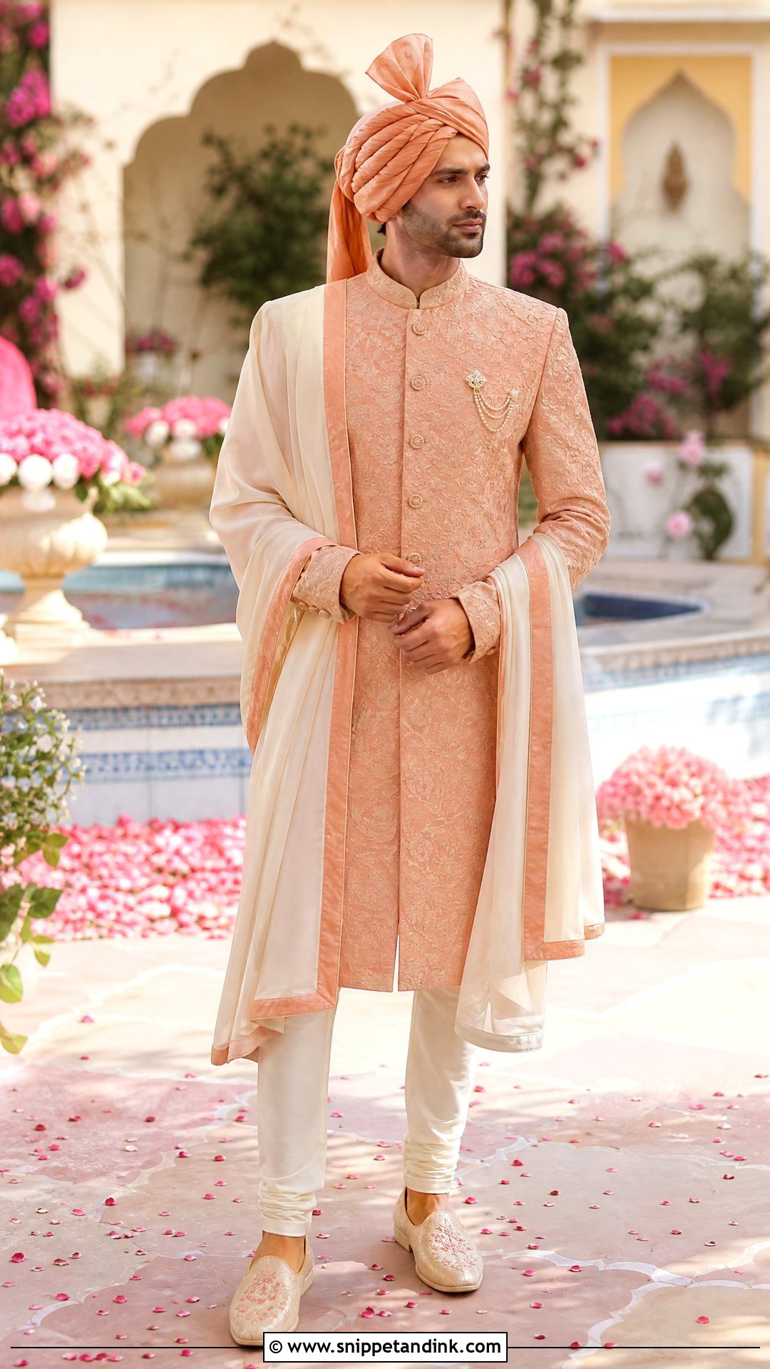 Peach Sherwani With Ivory Churidar - Snippet and Ink - 20 Sherwani Wedding Ideas