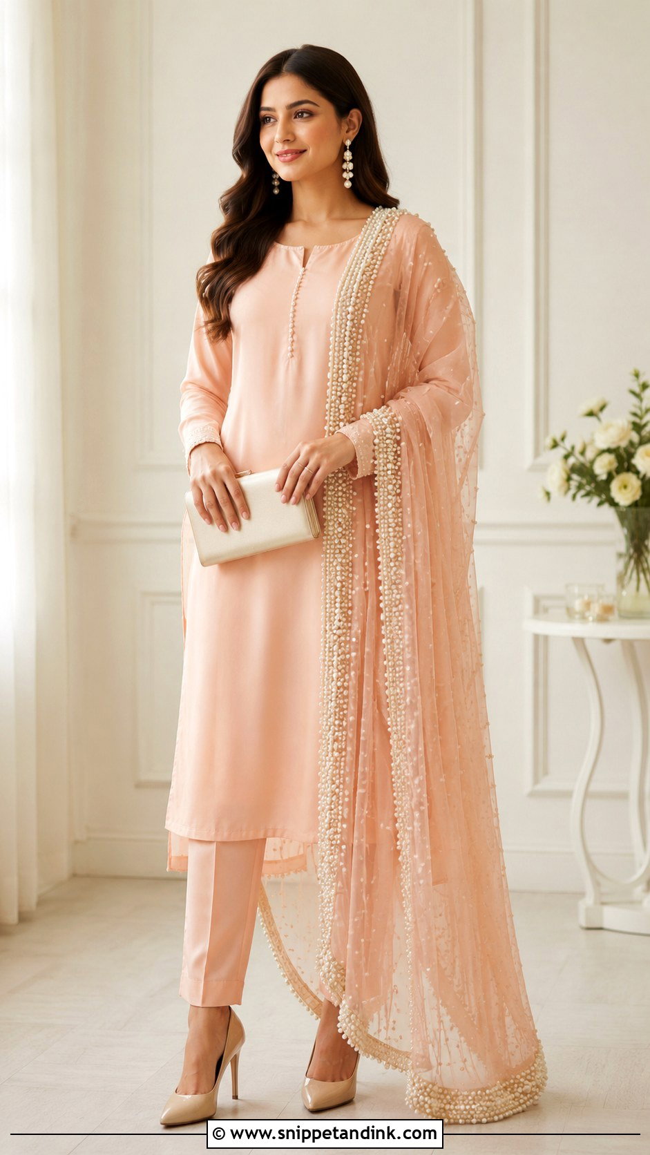 Peach Simple Suit With Heavy Pearl Dupatta - Snippet and Ink - 30 Simple Suit with Heavy Dupatta Ideas