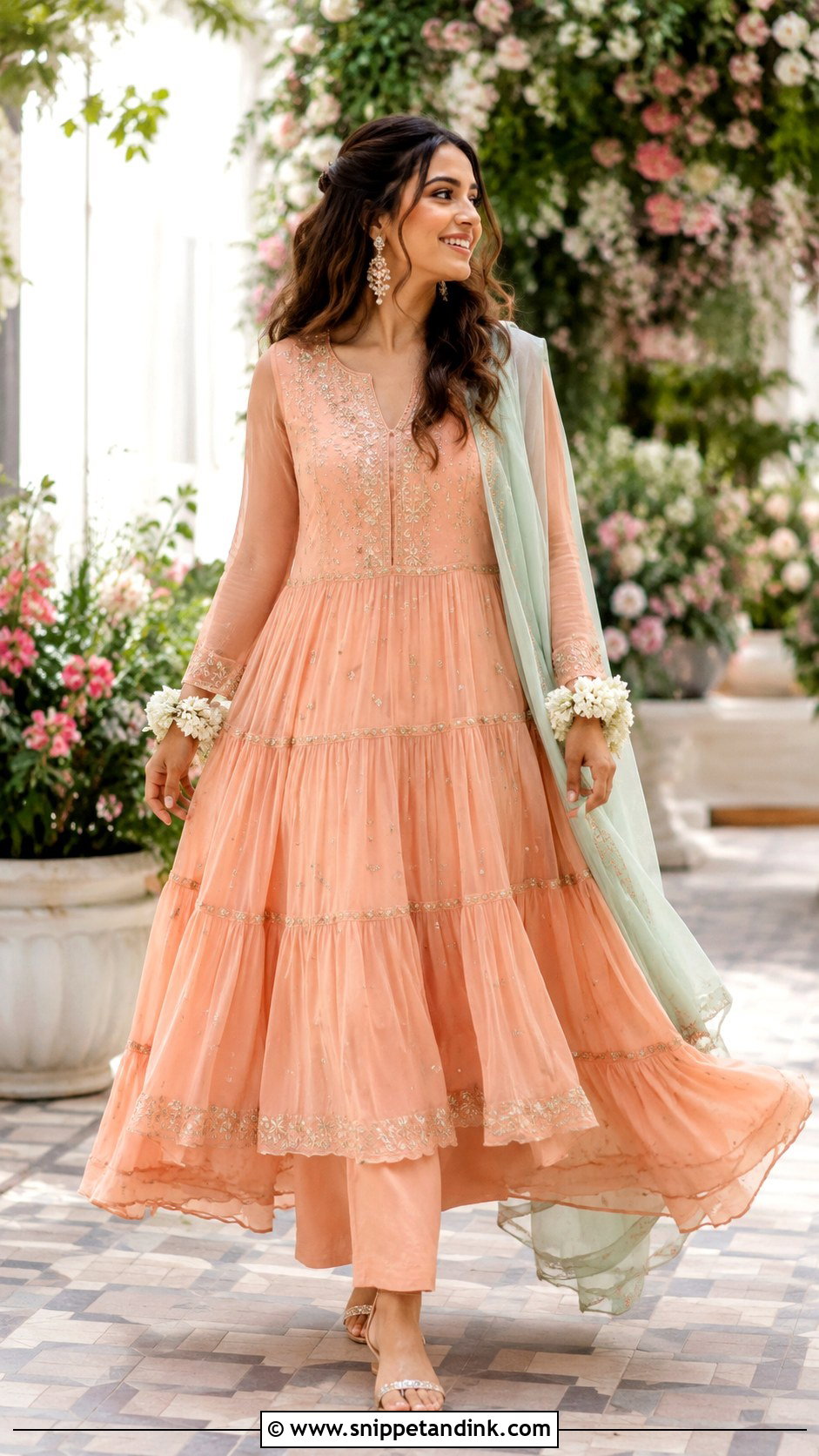 Peach Tiered Anarkali Mehndi Outfit - Snippet and Ink - 20 Mehndi Day Outfits