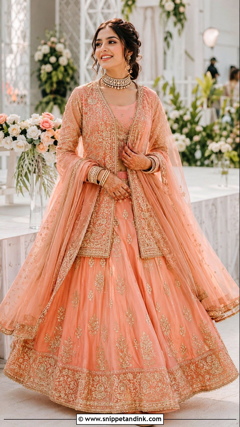 Peach Tilla Embroidered Kashmiri Lehenga - Snippet and Ink - 20 Kashmiri Wedding Dress Ideas