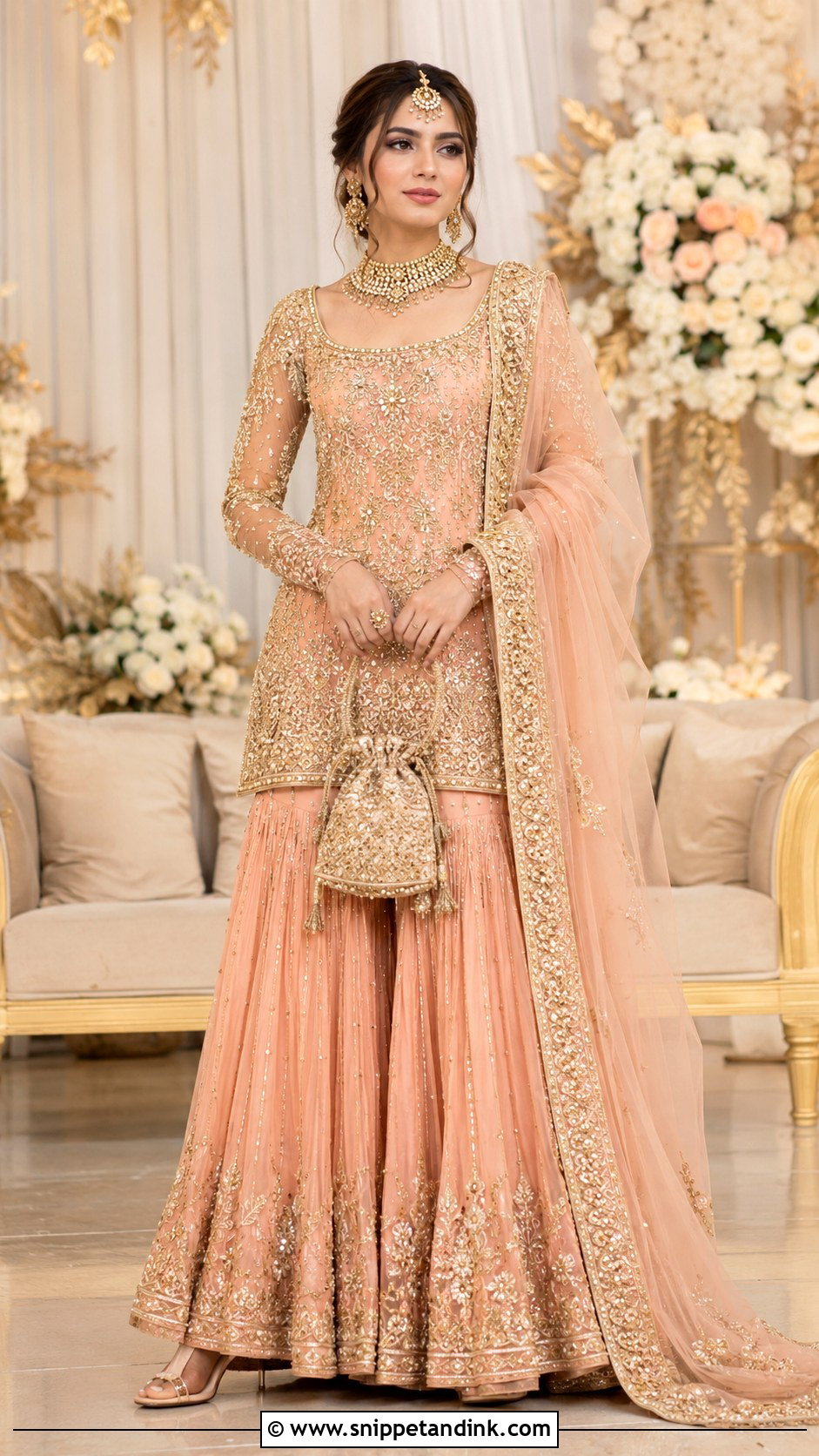 Peach Walima Bridal Sharara - Snippet and Ink - 30 Walima Bridal Look Ideas