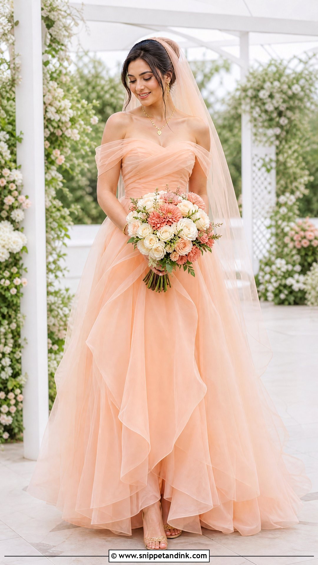 Peach Wedding Dress With Delicate Gold Jewelry - Snippet and Ink - 20 Nontraditional Wedding Dress Color Ideas
