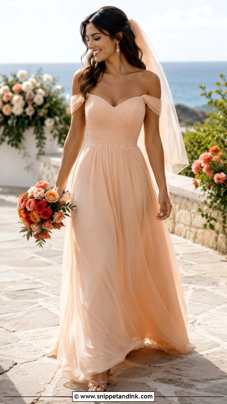 Peach Wedding Dress With Rose Gold Accessories - Snippet and Ink - 20 Colorful Wedding Dresses